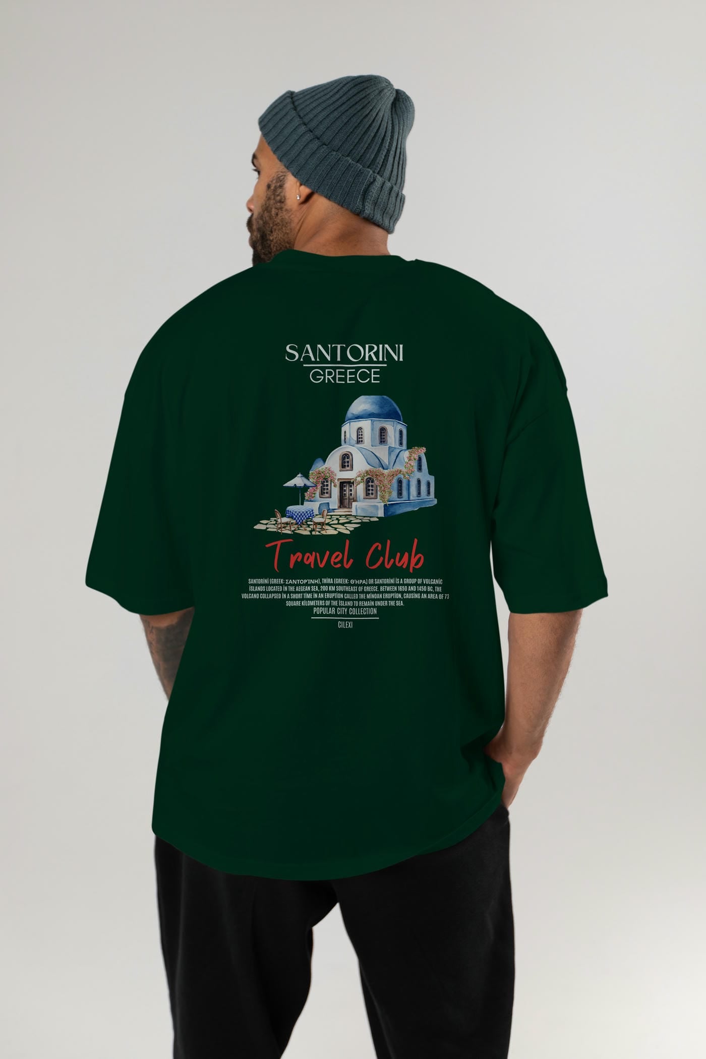 Santorini Greece Arka Baskılı Oversize t-shirt Erkek Kadın Pamuk Bisiklet Yaka tişort