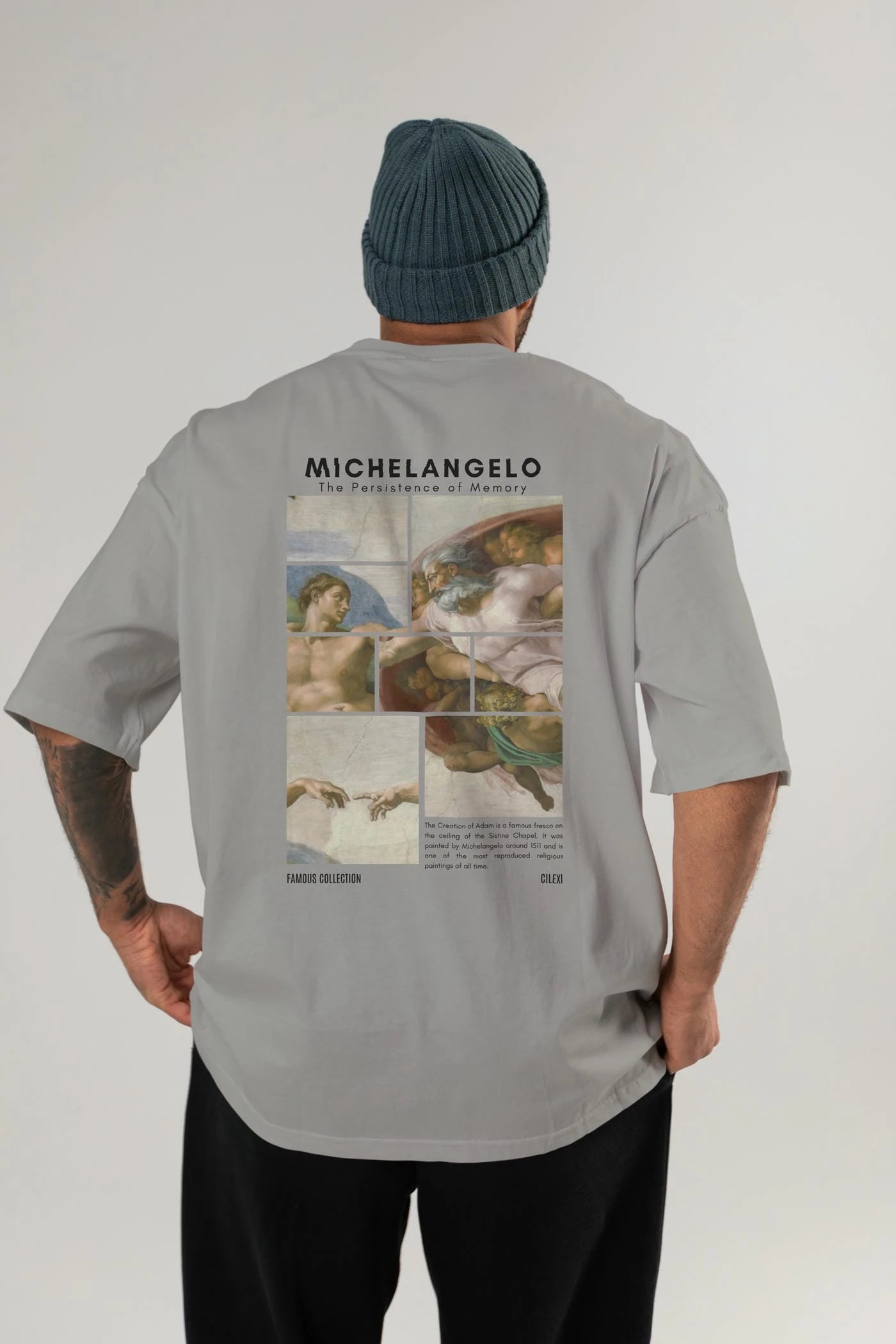 Michelangelo Arka Baskılı Oversize t-shirt Erkek Kadın Bisiklet Yaka Pamuk tişort