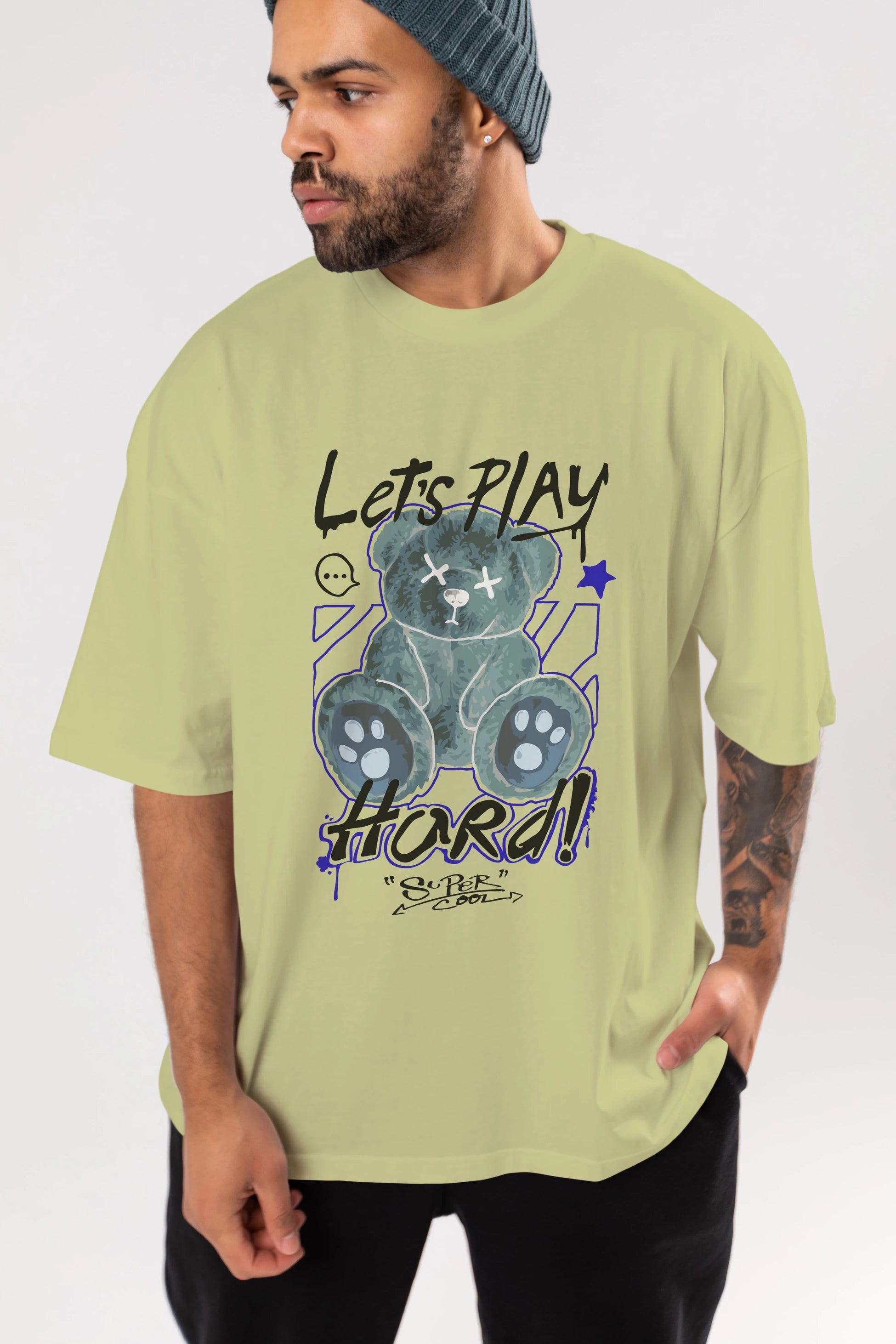 Lets Play Hard Bear Ön Baskılı Oversize t-shirt Erkek Kadın Unisex