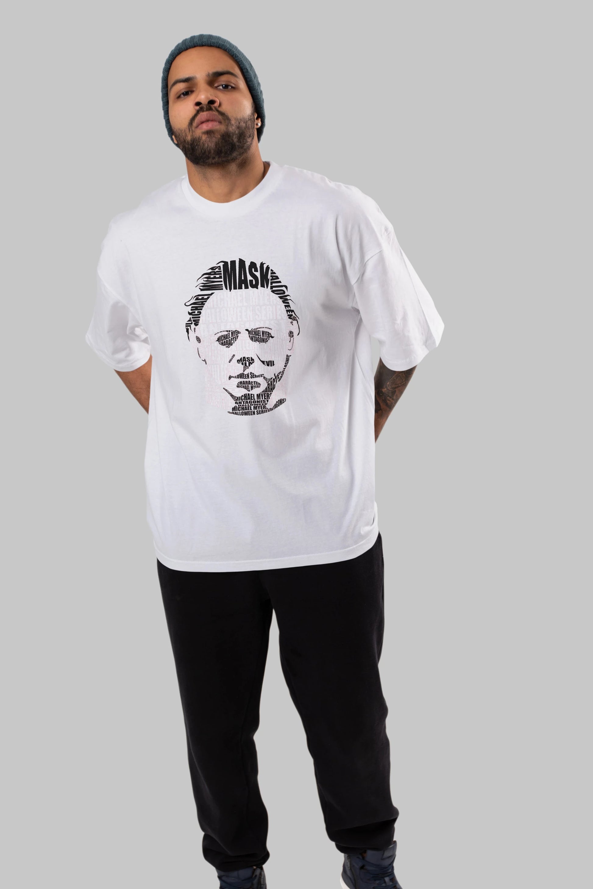 Michael Myers Calligram Ön Baskılı Oversize t-shirt %100 pamuk Erkek Kadın Unisex