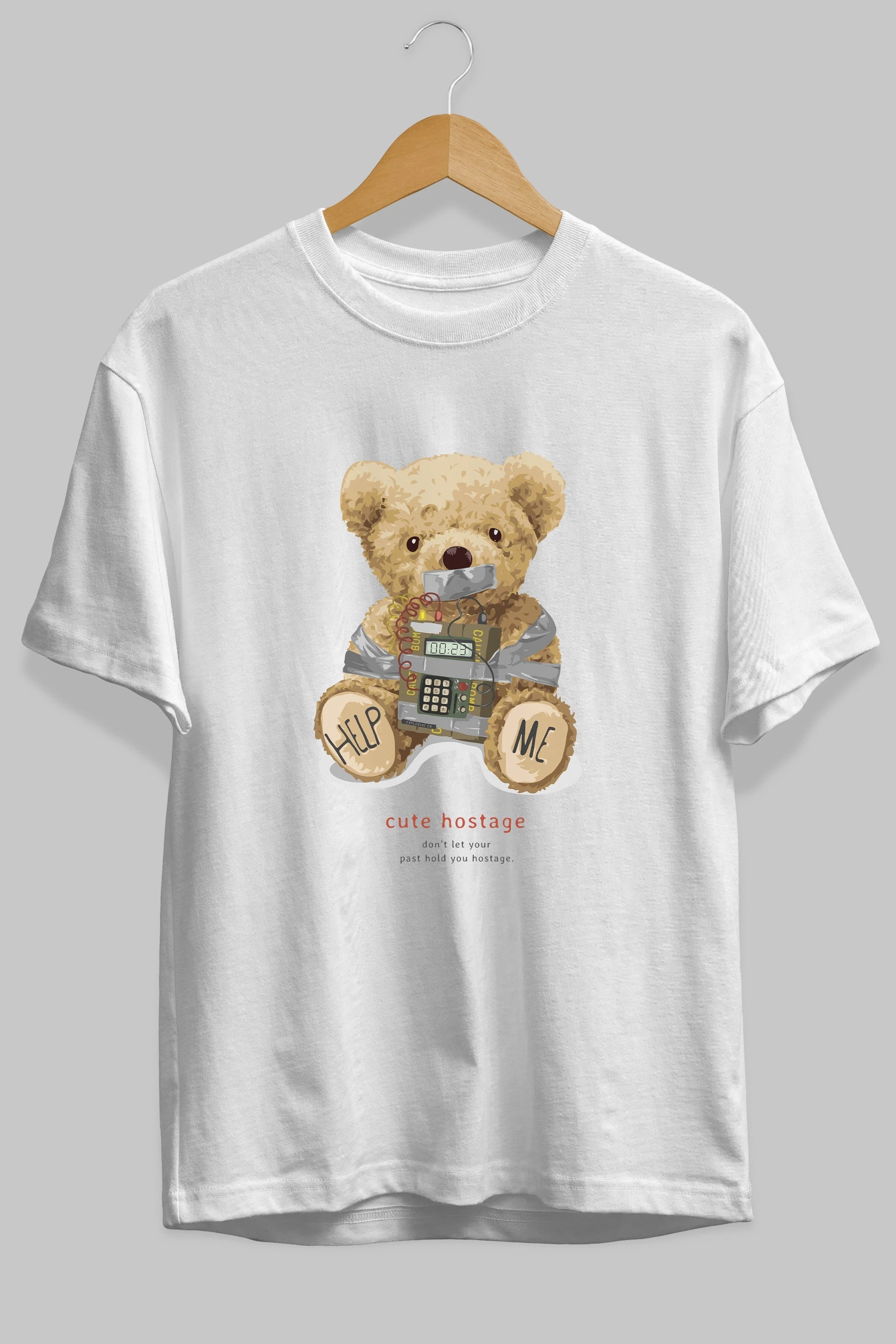 Teddy Bear Help Me Ön Baskılı Oversize t-shirt Erkek Kadın Unisex %100 Pamuk