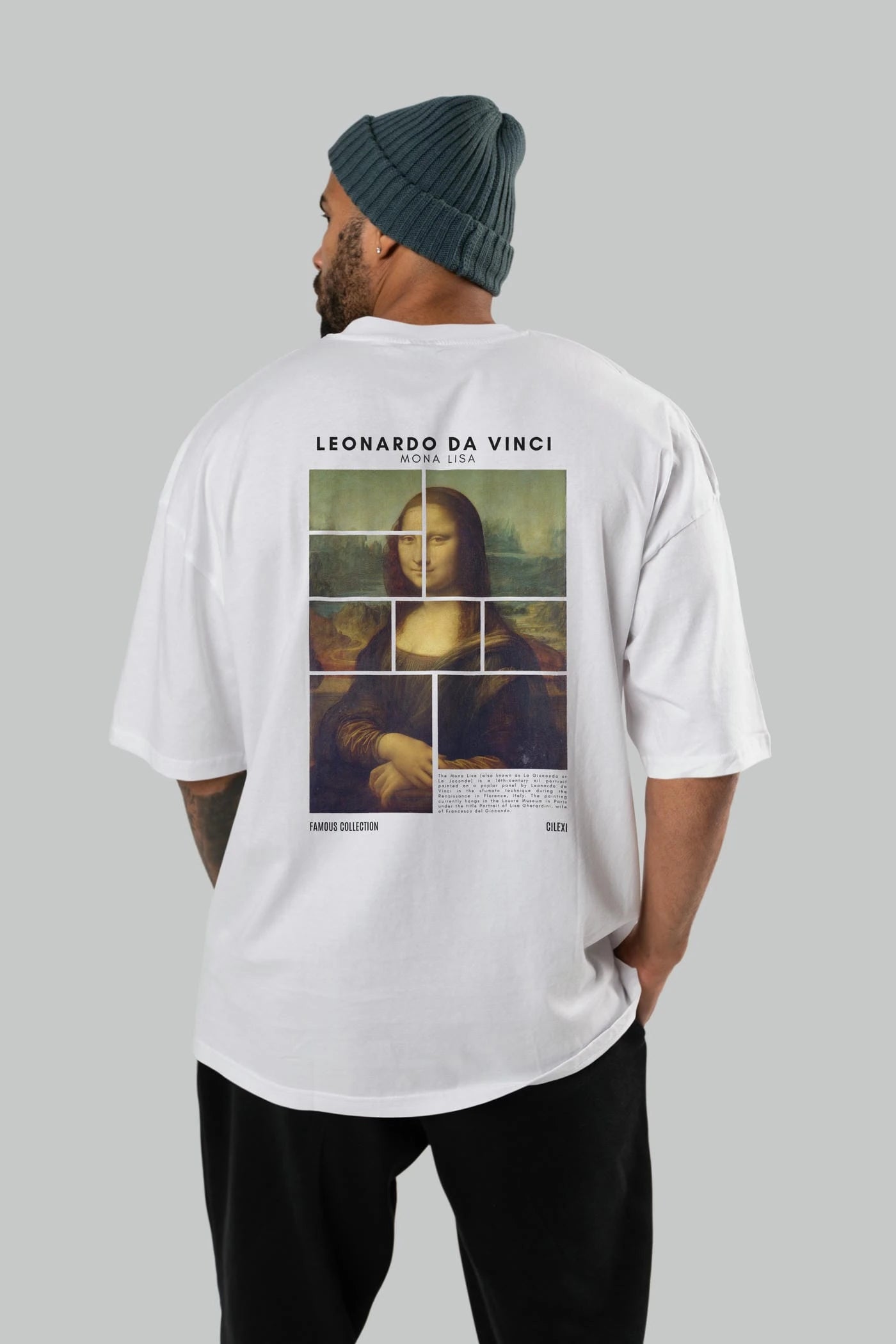 Leonardo Da Vinci Mona Lisa Arka Baskılı Oversize t-shirt Erkek Kadın Bisiklet Yaka Pamuk tişort