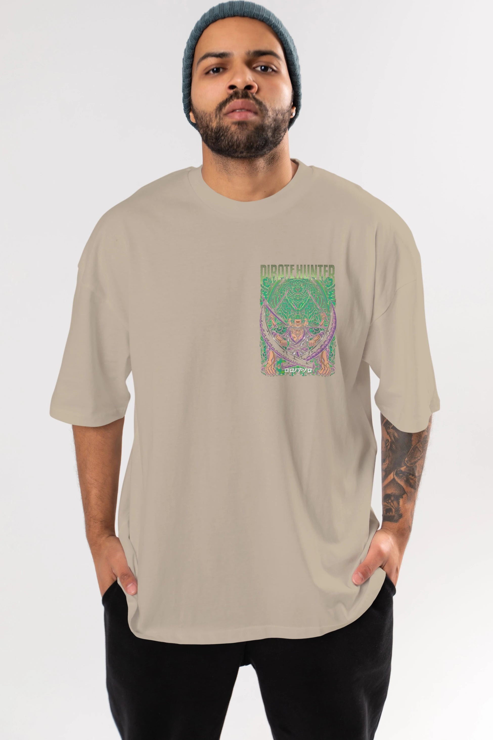 RORONOA ZORO 3 Ön Sol Baskılı Oversize t-shirt Erkek Kadın Unisex %100 Pamuk Bisiklet Yaka tişort