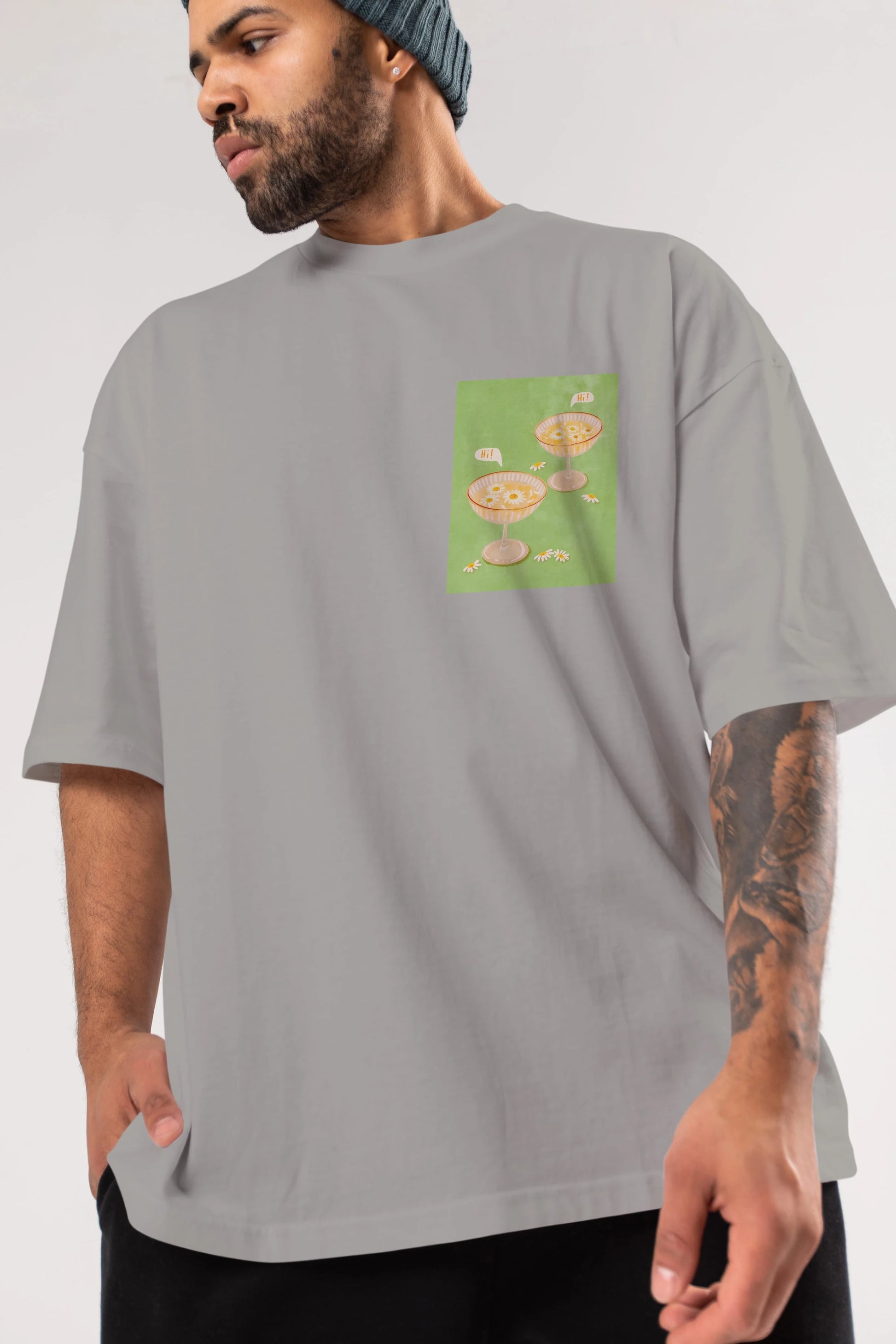 Hi Cheers Ön Sol Baskılı Oversize t-shirt Erkek Kadın Unisex %100 Pamuk Bisiklet Yaka tişort