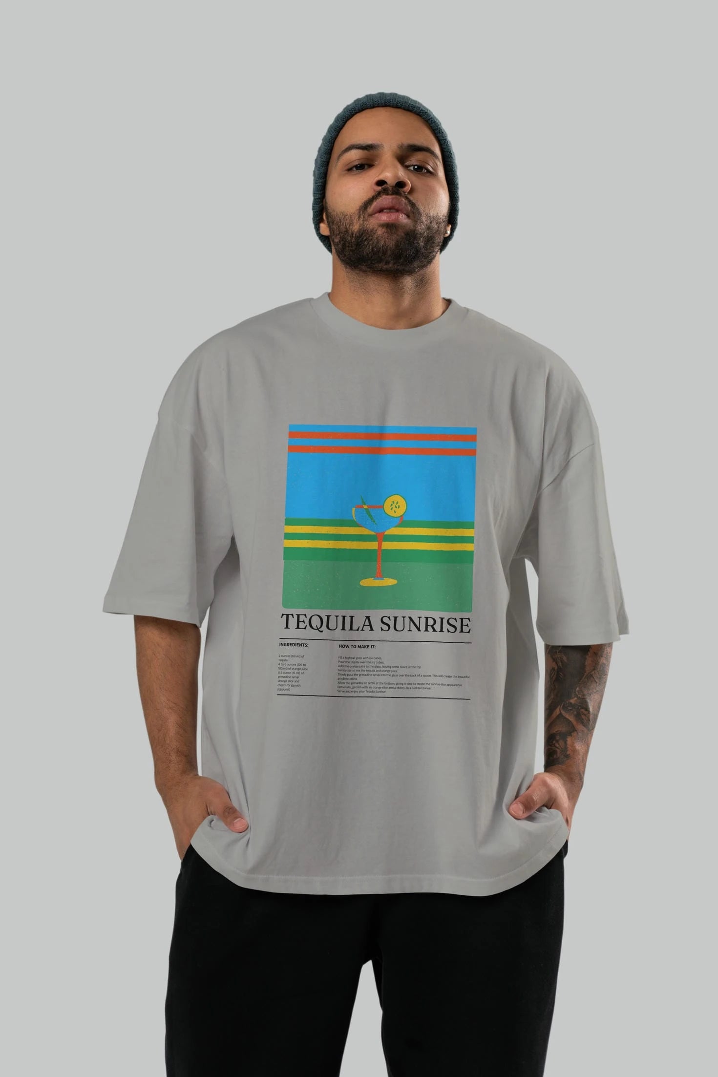 Tequila Sunrise Kokteyl Ön Baskılı Oversize t-shirt Erkek Kadın %100 Pamuk Bisiklet Yaka tişort