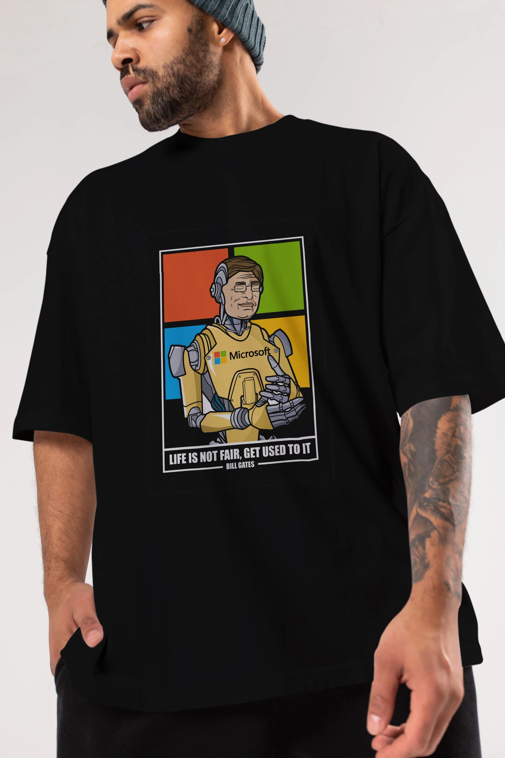 Bill Gates Robot Human Ön Baskılı Oversize t-shirt Erkek Kadın Unisex %100 Pamuk tişort