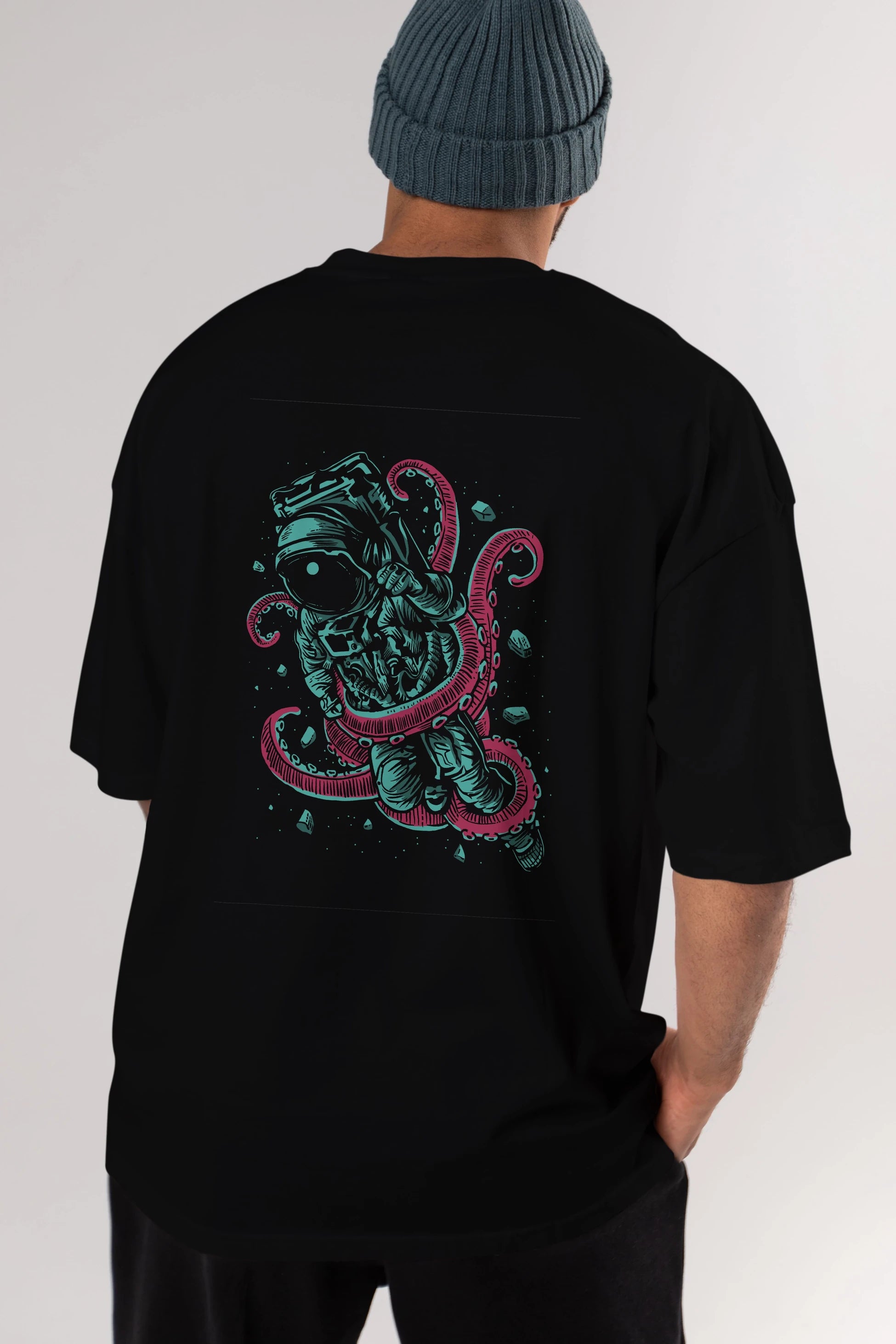 Astronaut Octopus Arka Baskılı Oversize t-shirt Erkek Kadın Unisex %100 Pamuk