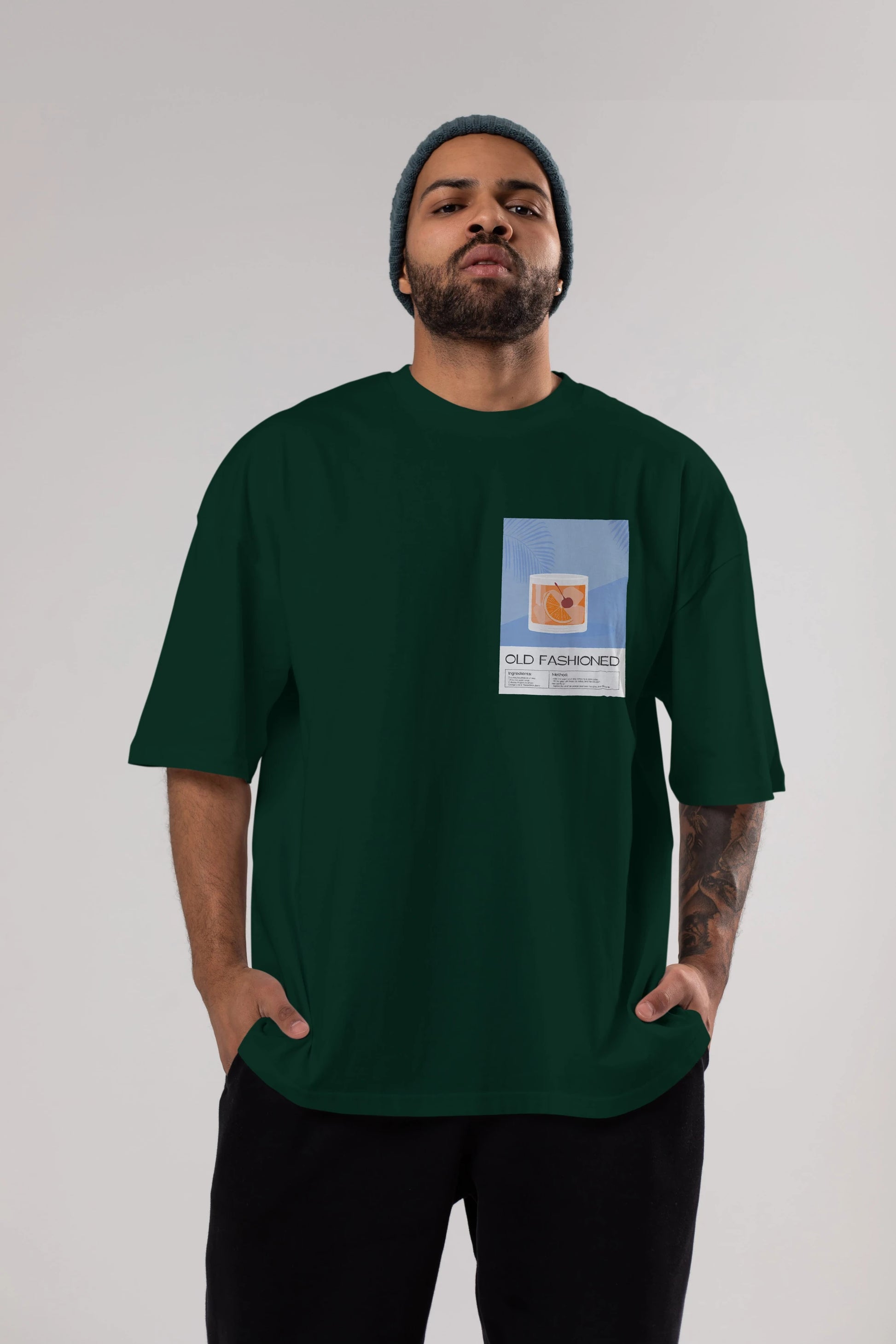 Old Fashioned 3 Ön Sol Baskılı Oversize t-shirt Erkek Kadın Unisex %100 Pamuk Bisiklet Yaka tişort