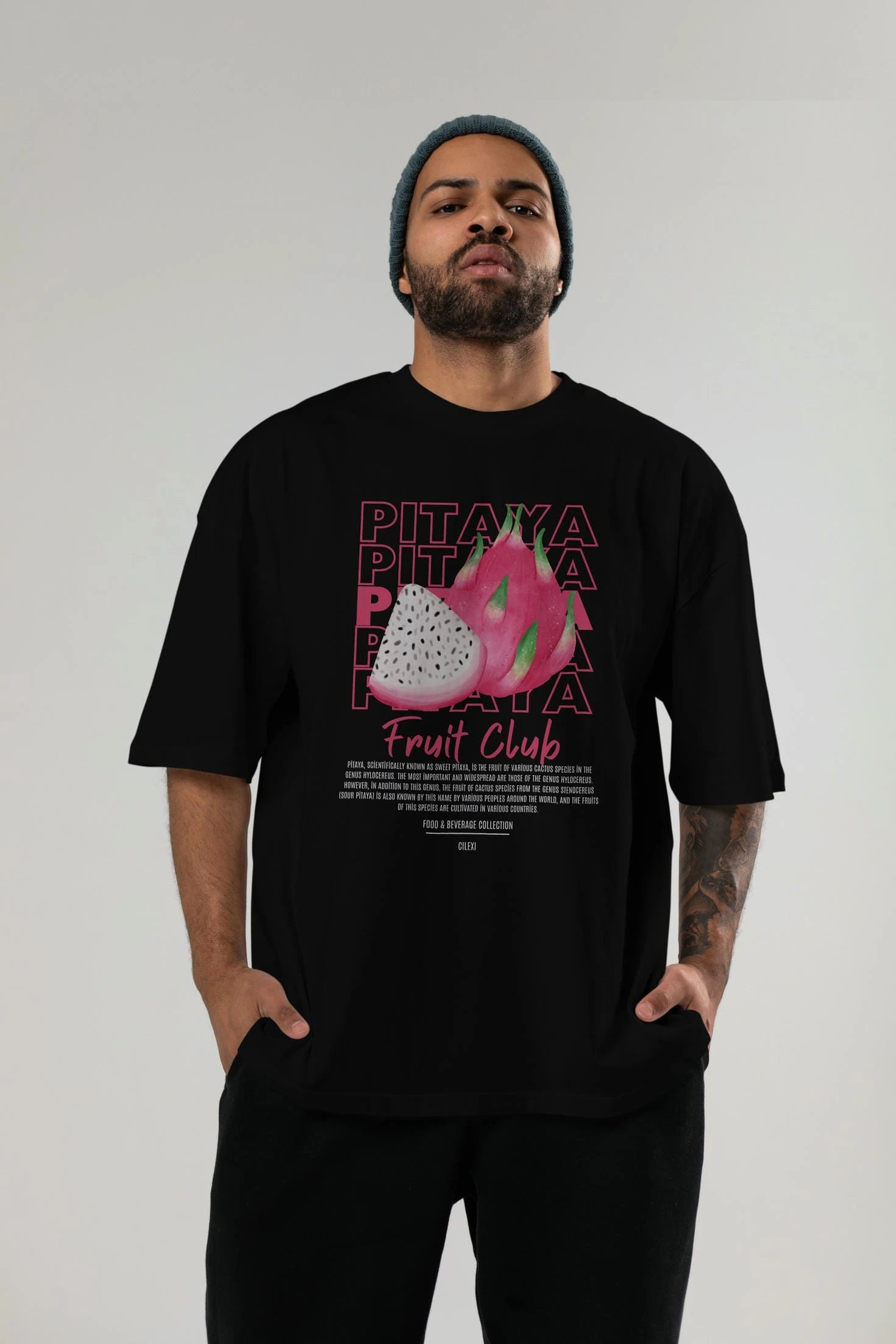 Pitaya Ön Baskılı Oversize t-shirt Erkek Kadın Pamuk Bisiklet Yaka tişort