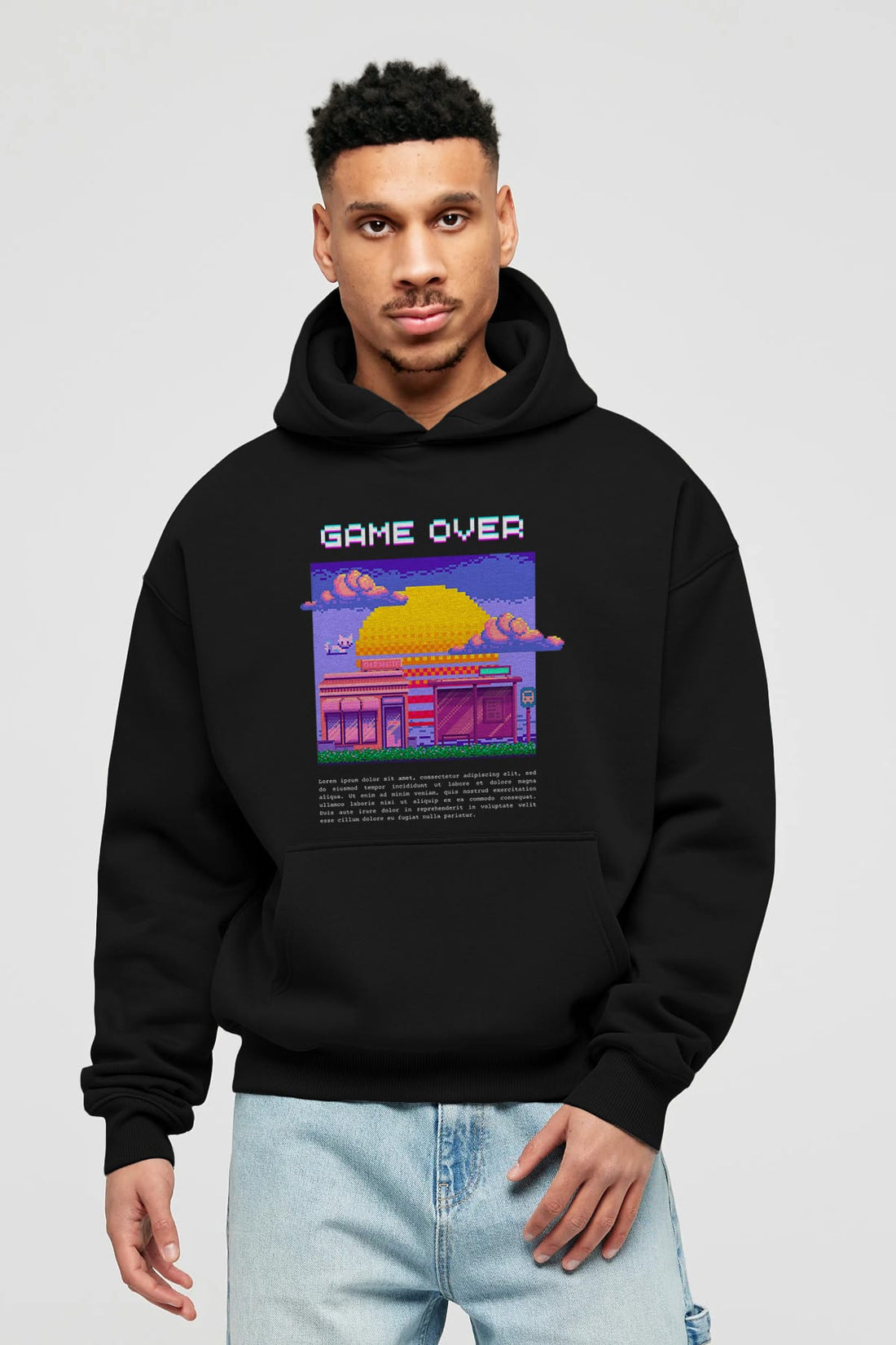 Game Over Yazılı Ön Baskılı Oversize Hoodie Kapüşonlu Sweatshirt Erkek Kadın Unisex