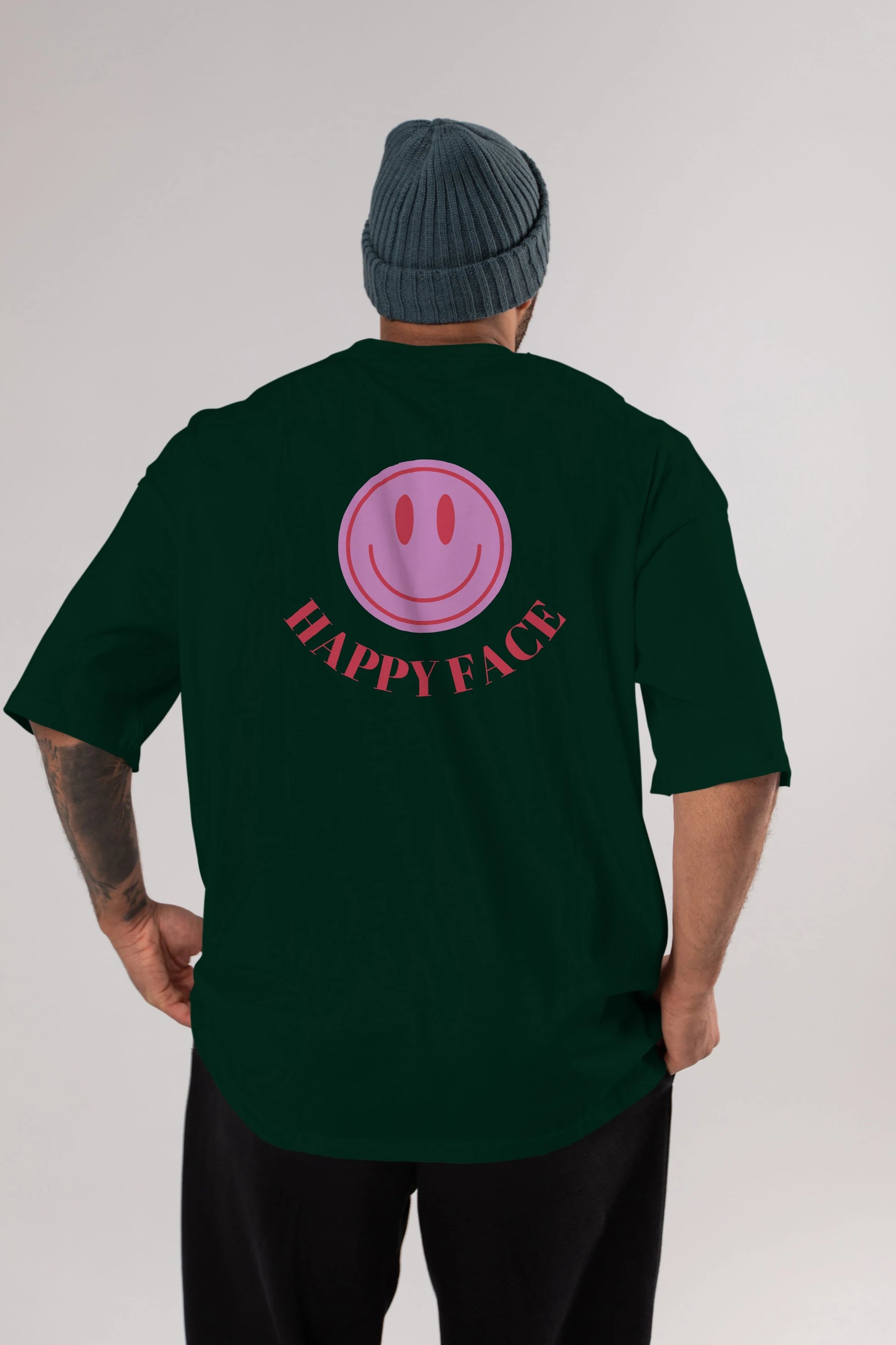 Happy Face Yazılı Arka Baskılı Oversize t-shirt Erkek Kadın Unisex