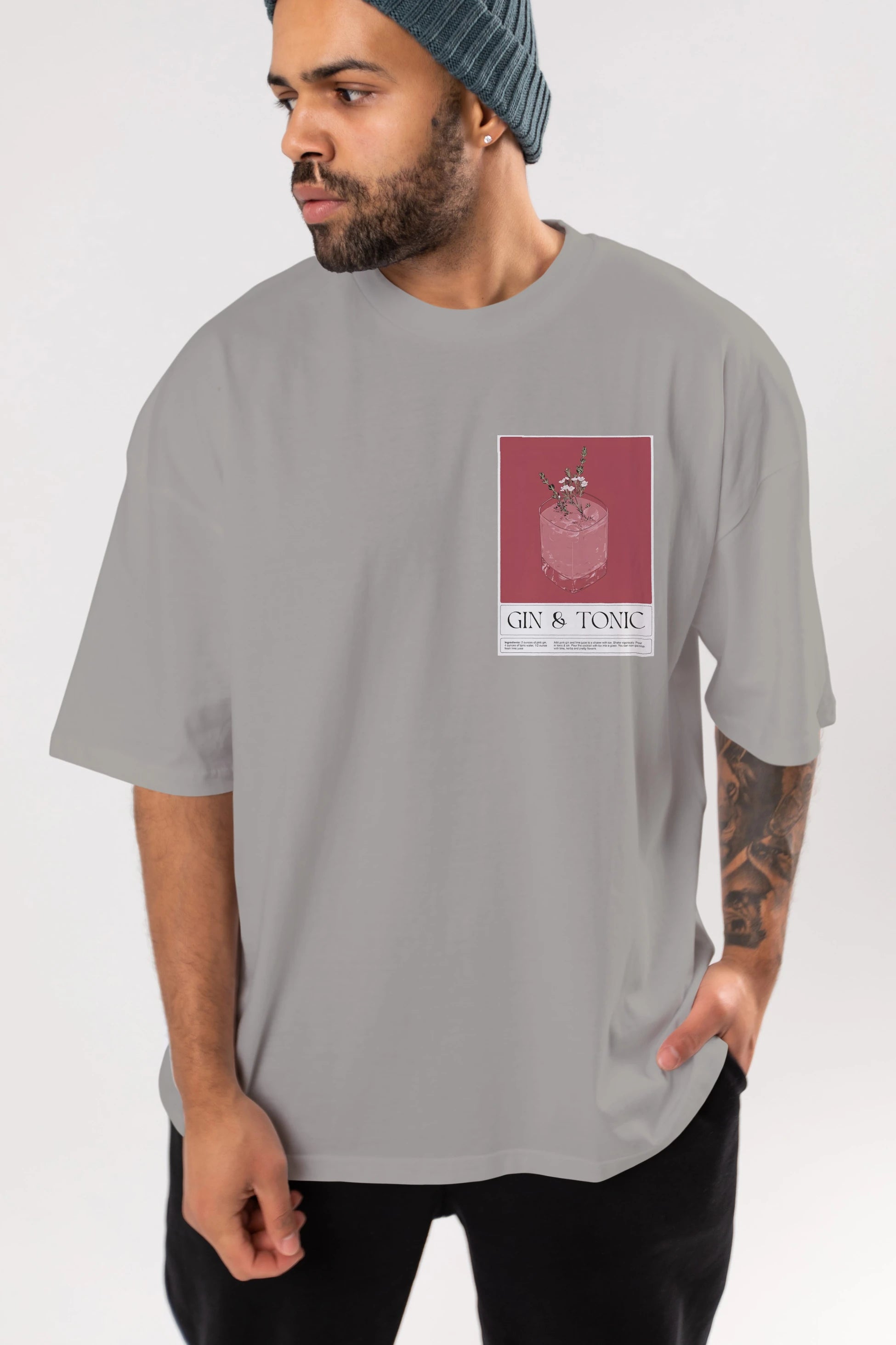 Gin Tonic 4 Ön Sol Baskılı Oversize t-shirt Erkek Kadın Unisex %100 Pamuk Bisiklet Yaka tişort