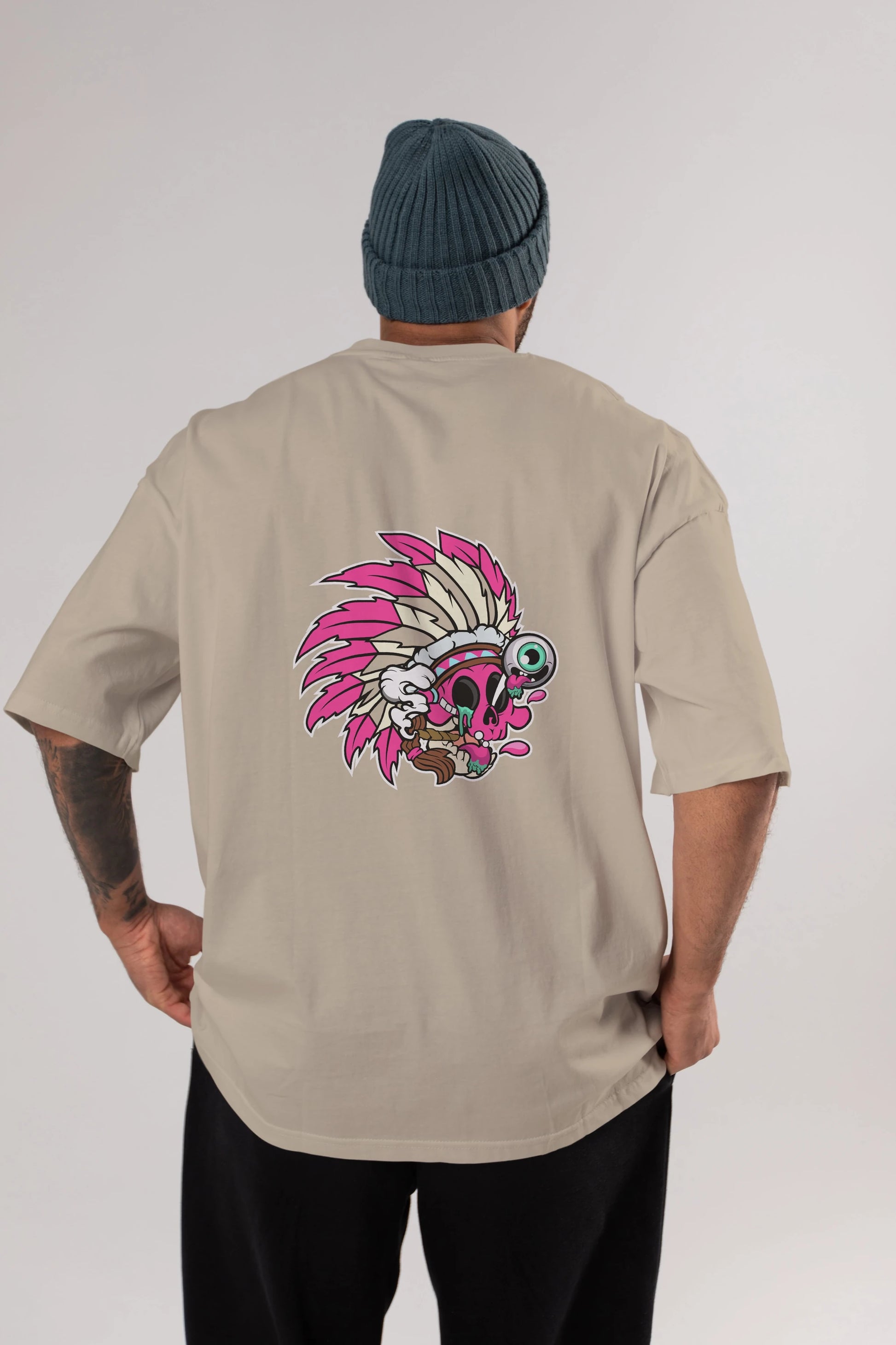 Skull Indian Arka Baskılı Oversize t-shirt Erkek Kadın Unisex %100 Pamuk tişort
