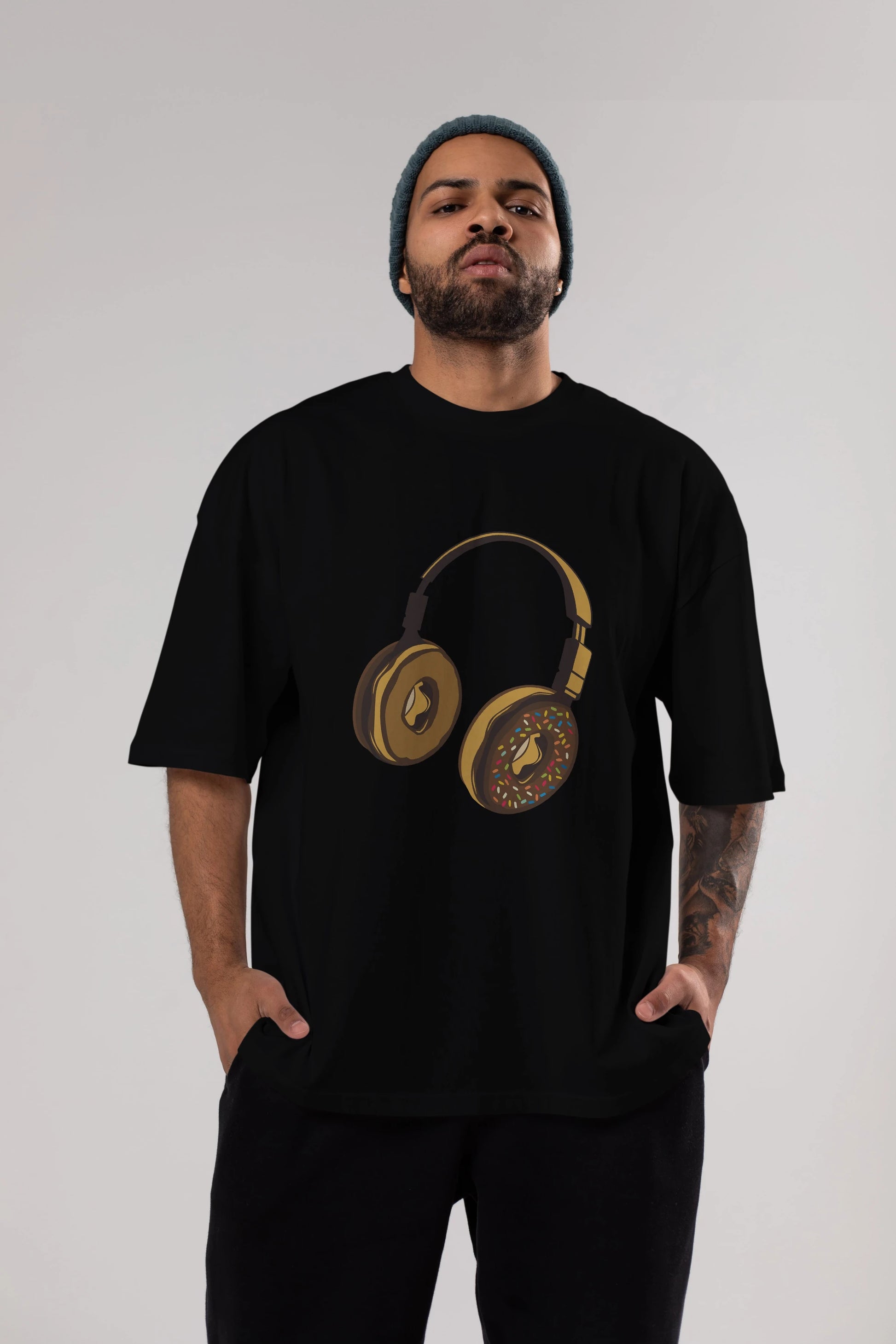 Headphone Donut Ön Baskılı Oversize t-shirt %100 pamuk Erkek Kadın Unisex