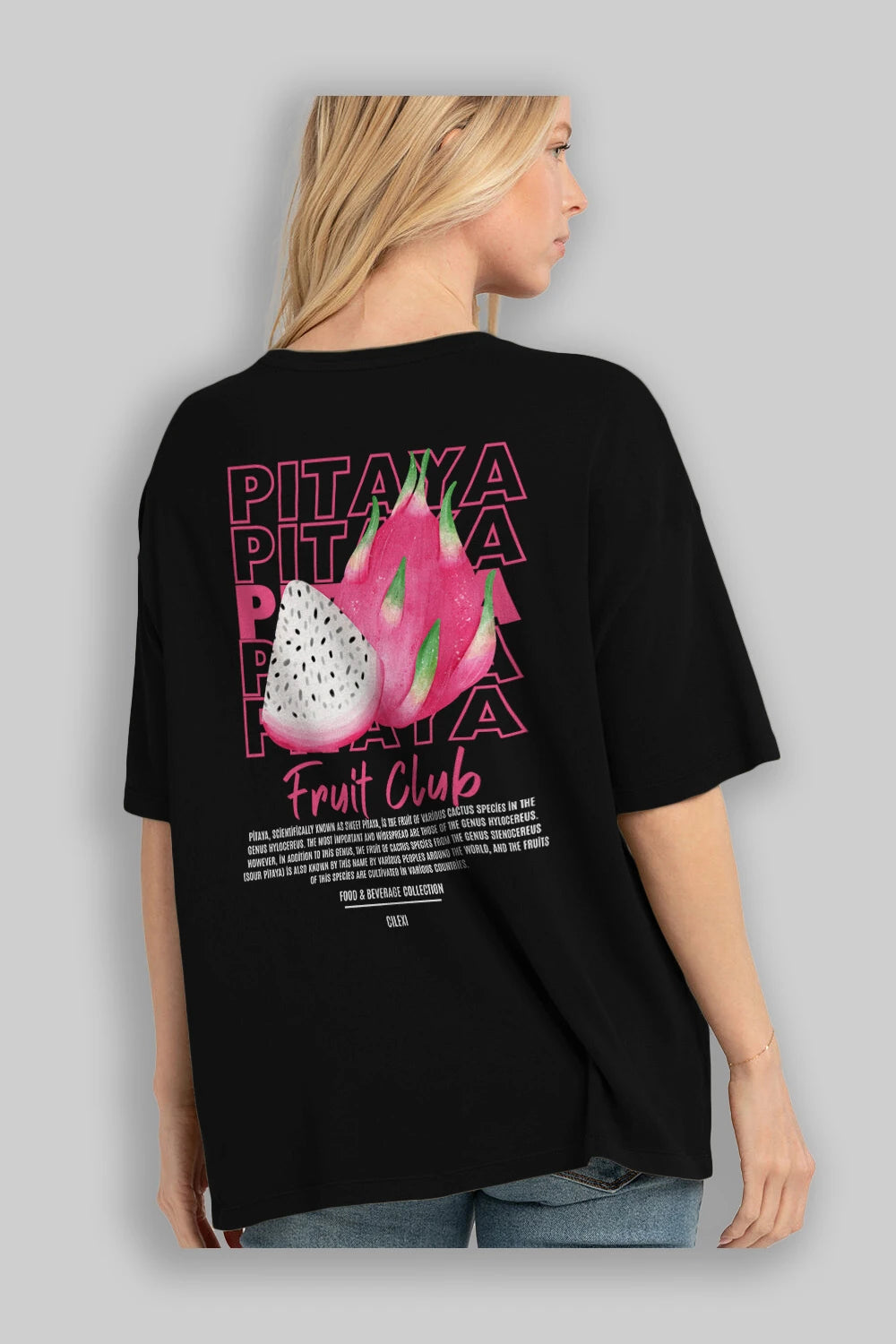 Pitaya Arka Baskılı Oversize t-shirt Erkek Kadın Pamuk Bisiklet Yaka tişort