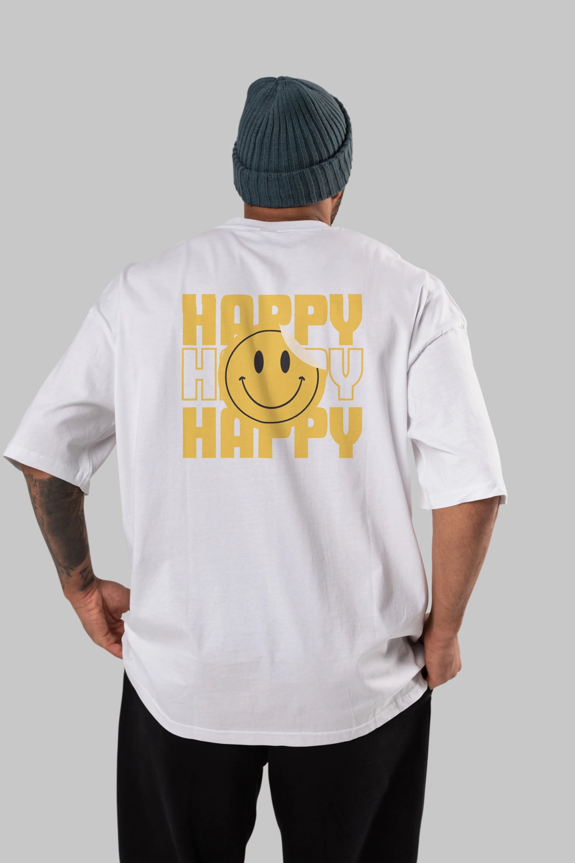 Happy Smile Yazılı Arka Baskılı Oversize t-shirt Erkek Kadın Unisex