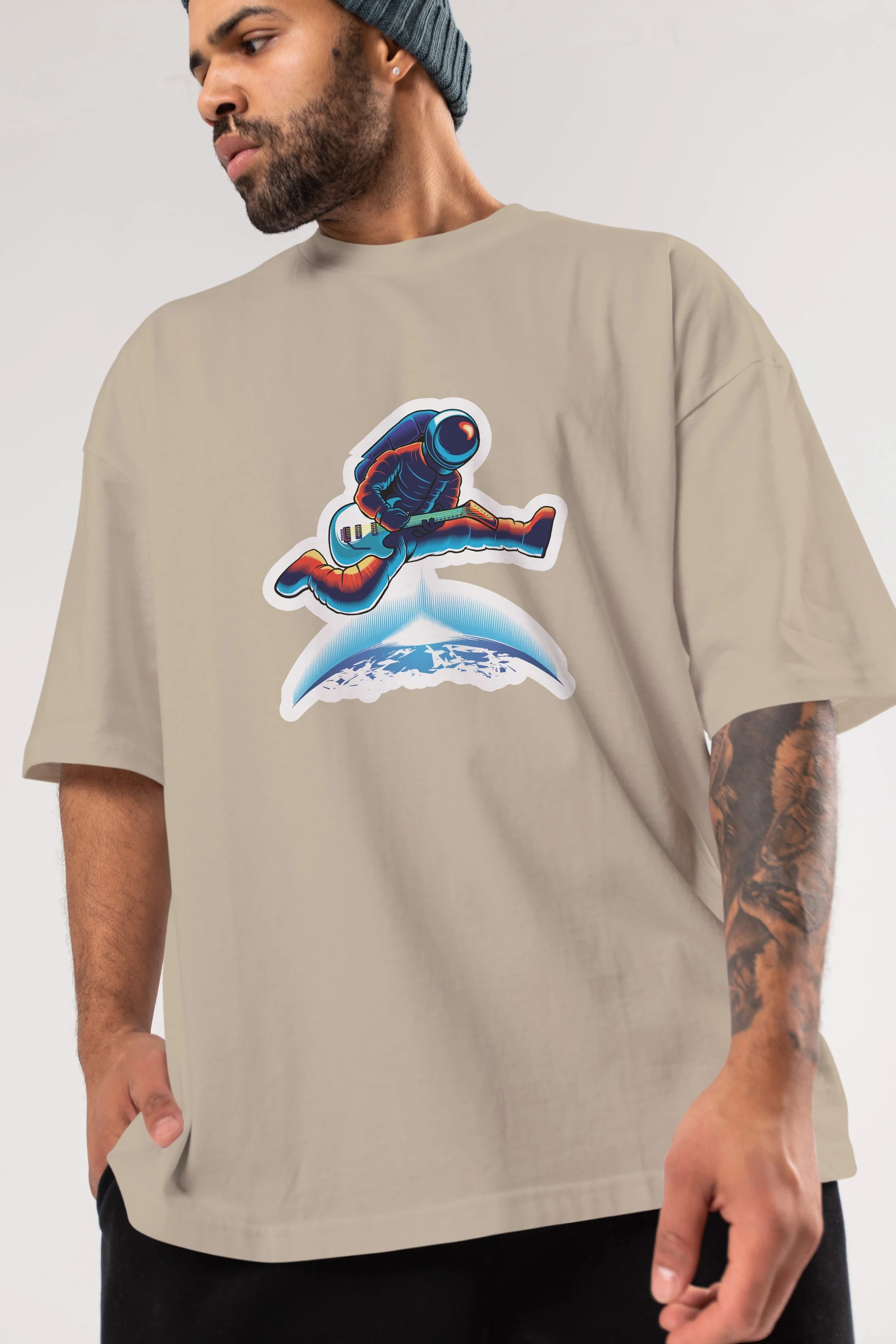 Astroguitar Sticker Ön Baskılı Oversize t-shirt Erkek Kadın Unisex