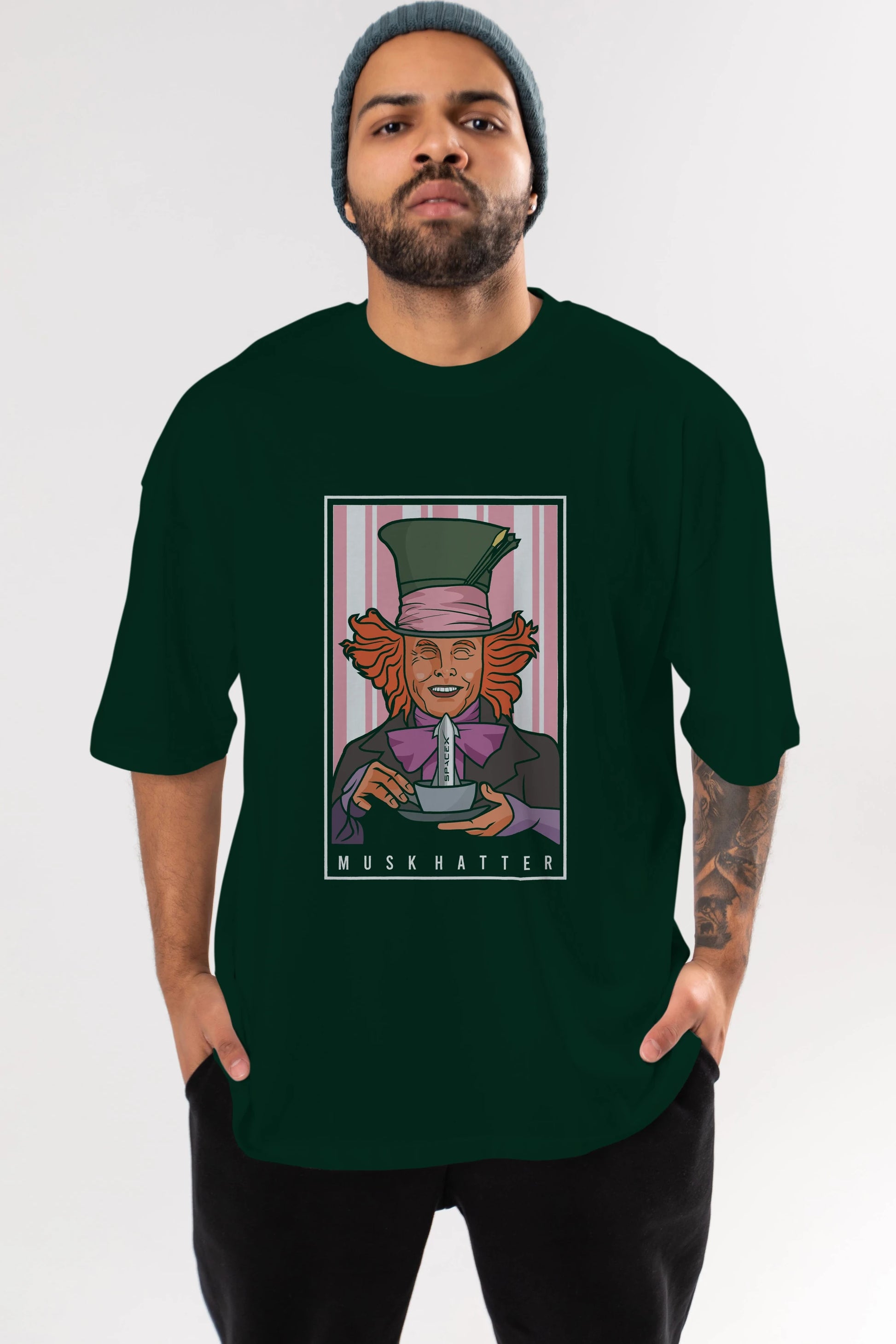 Mad Hatter Elon Musk Ön Baskılı Oversize t-shirt Erkek Kadın Unisex %100 Pamuk tişort