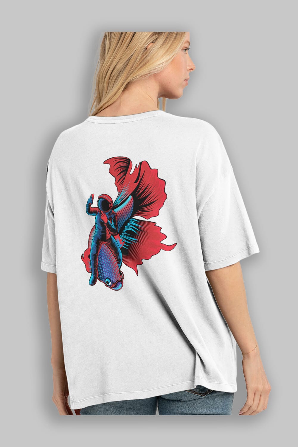 Astrofish selfie sticker Arka Baskılı Oversize t-shirt Erkek Kadın Unisex