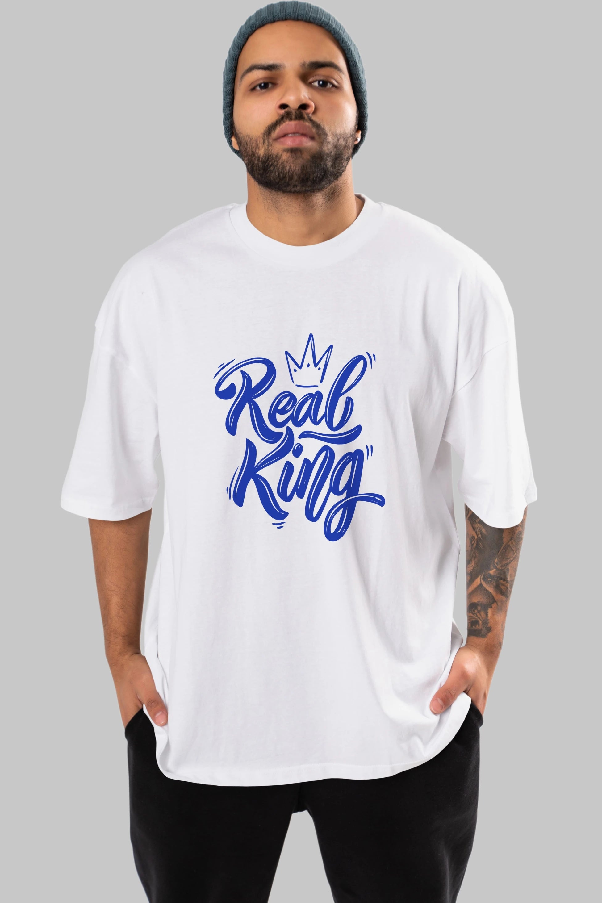 Real King Yazılı Ön Baskılı Oversize t-shirt Erkek Kadın Unisex
