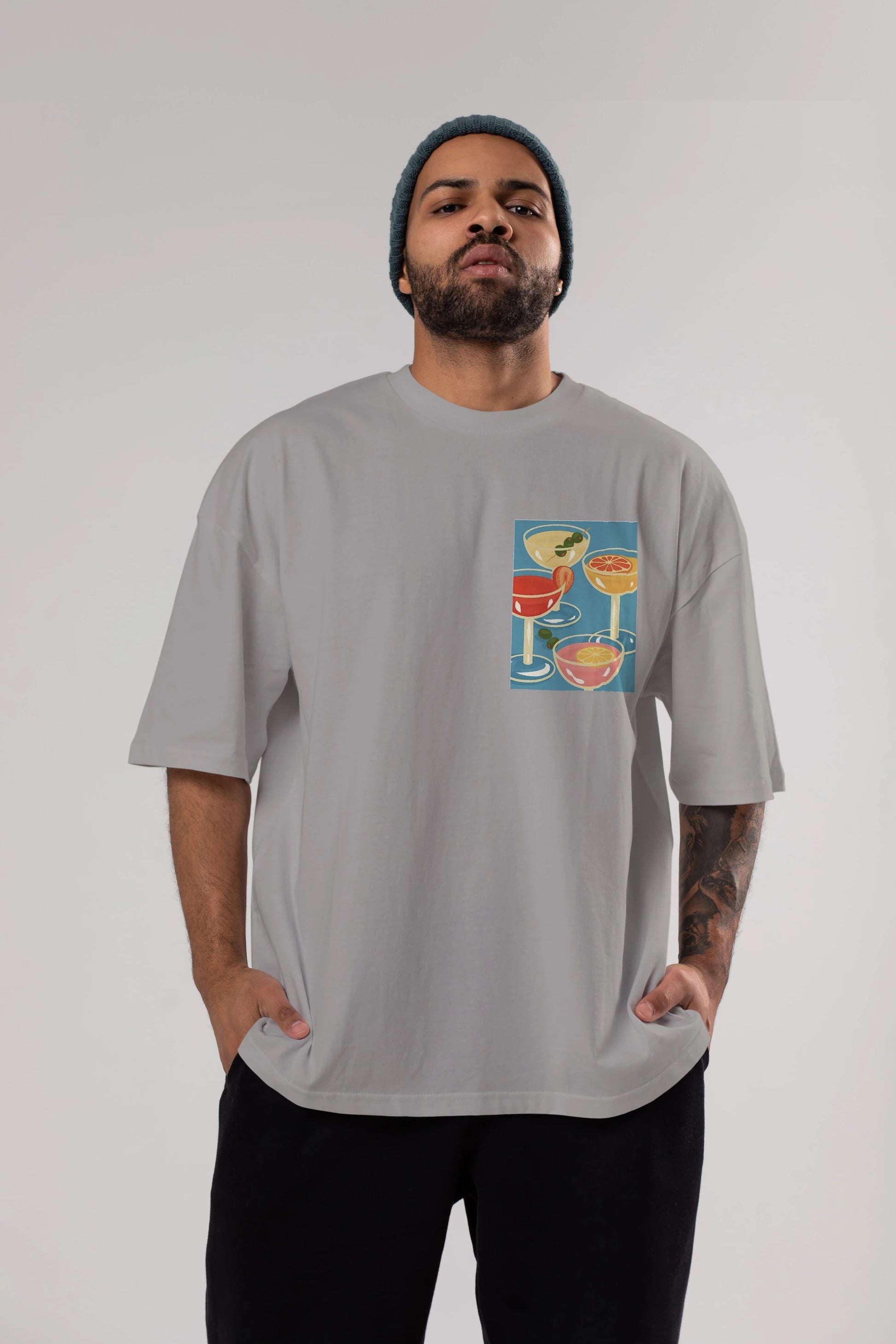 Cocktails Ön Sol Baskılı Oversize t-shirt Erkek Kadın Unisex %100 Pamuk Bisiklet Yaka tişort