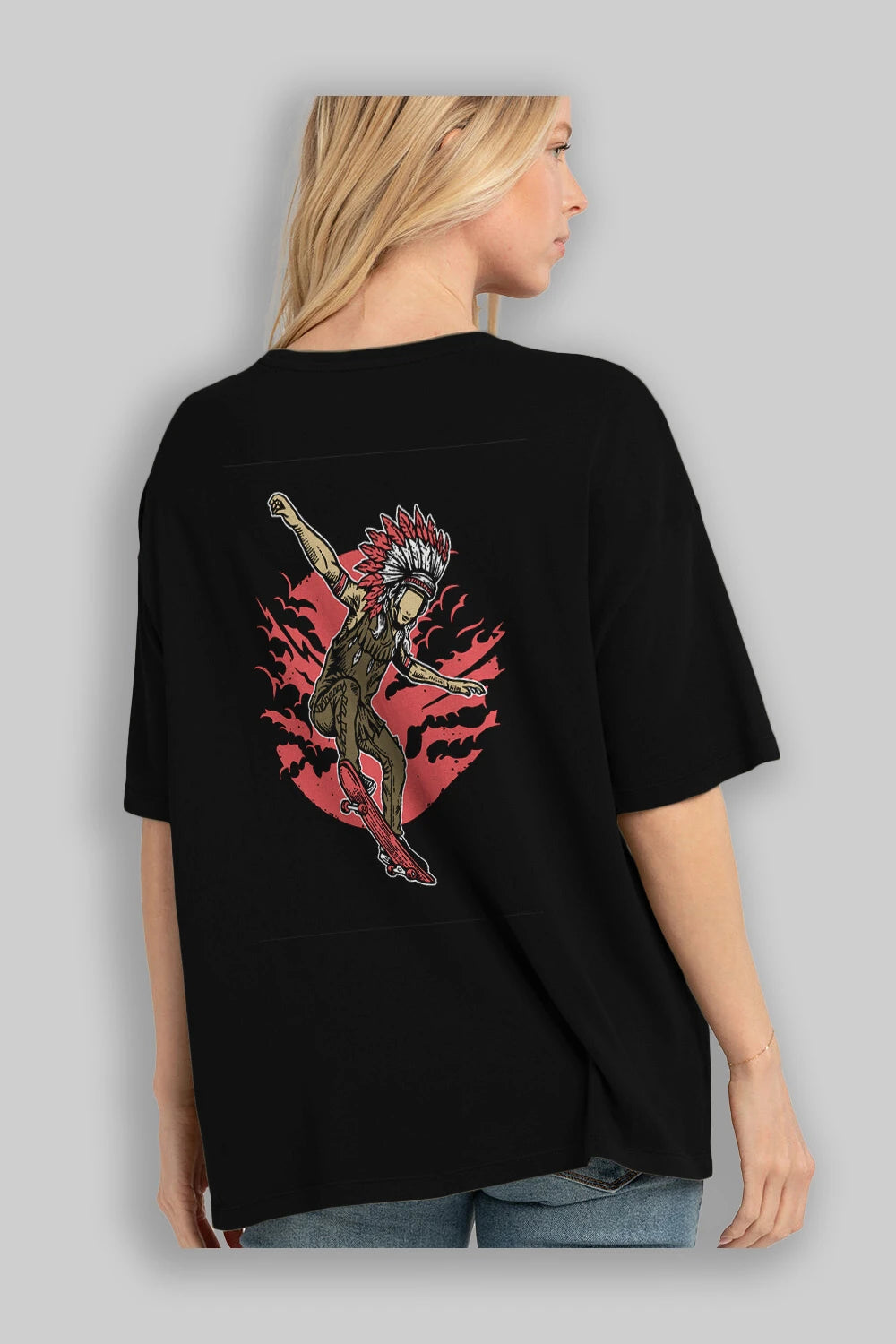 Indian Chief Skateboard Arka Baskılı Oversize t-shirt Erkek Kadın Unisex %100 Pamuk