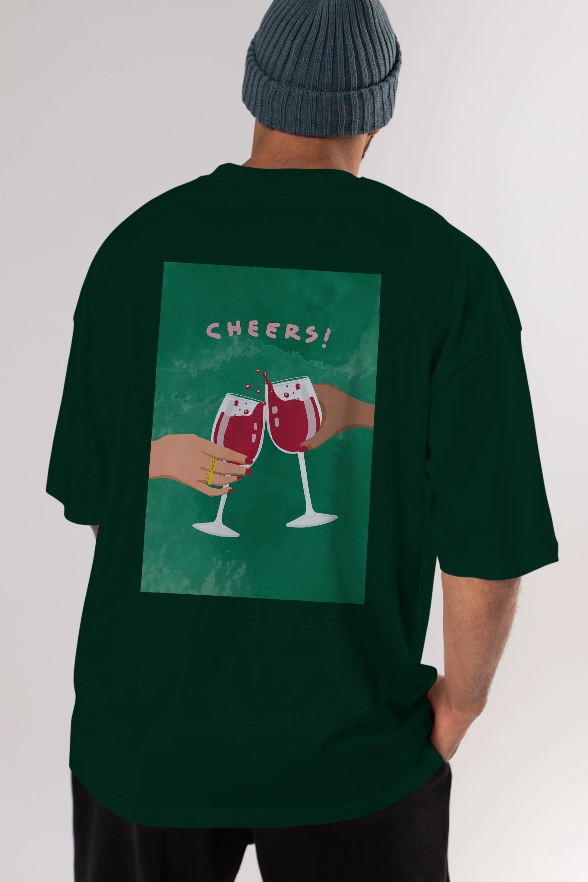 Cheers Arka Baskılı Oversize t-shirt Erkek Kadın Unisex %100 Pamuk Bisiklet Yaka tişort