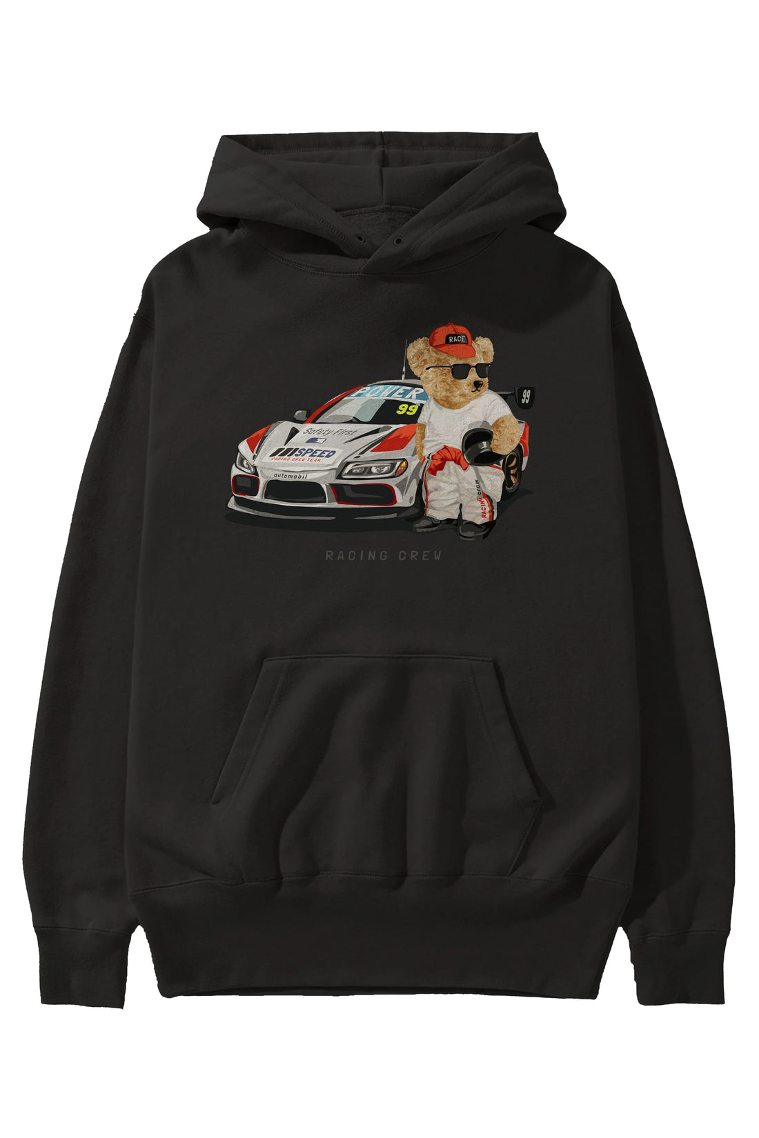 Teddy Bear Racing Crew Ön Baskılı Hoodie Oversize Kapüşonlu Sweatshirt Erkek Kadın Unisex