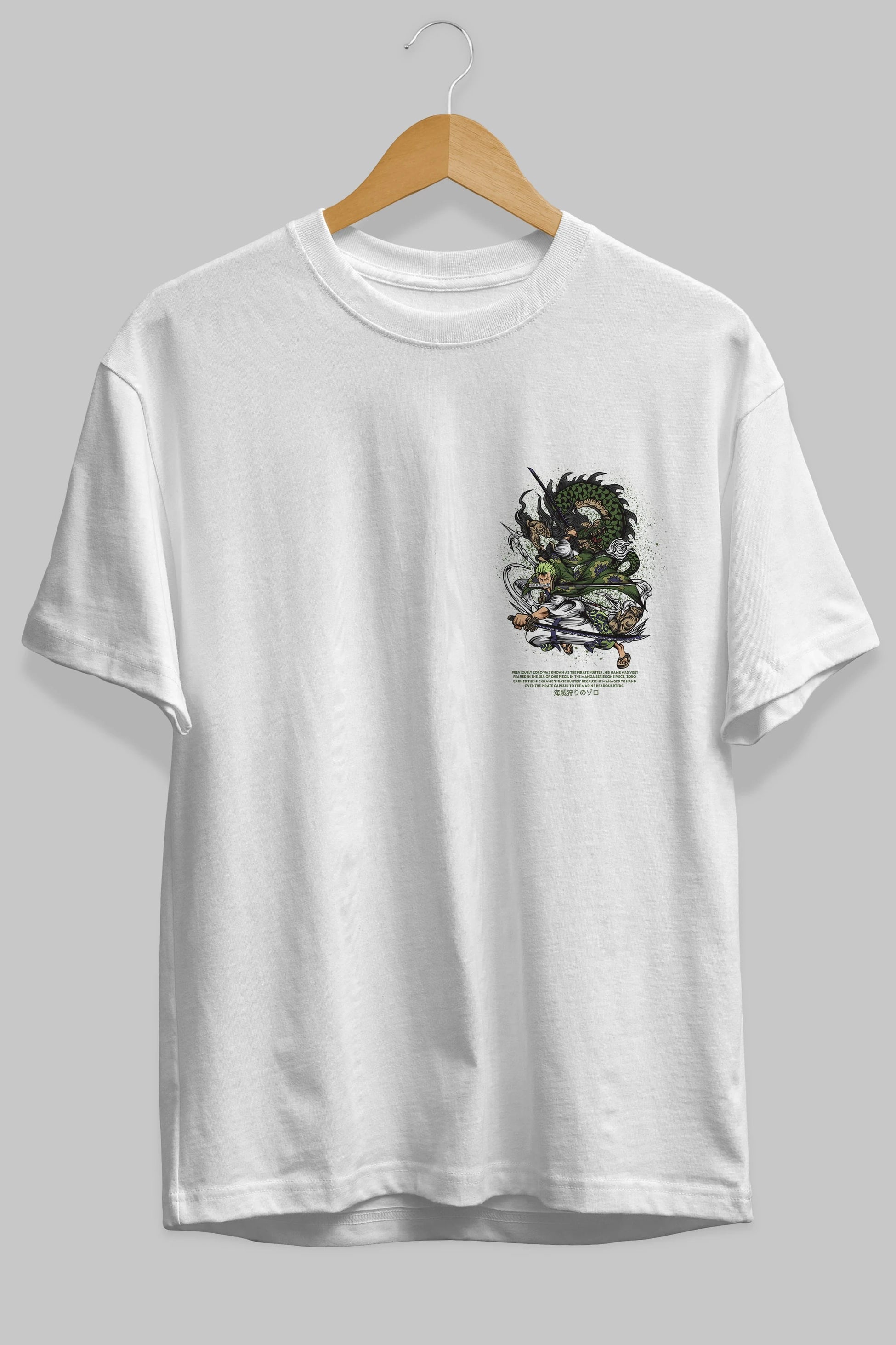 Zoro-ONE PIECE Ön Sol Baskılı Oversize t-shirt Erkek Kadın Unisex %100 Pamuk Bisiklet Yaka tişort