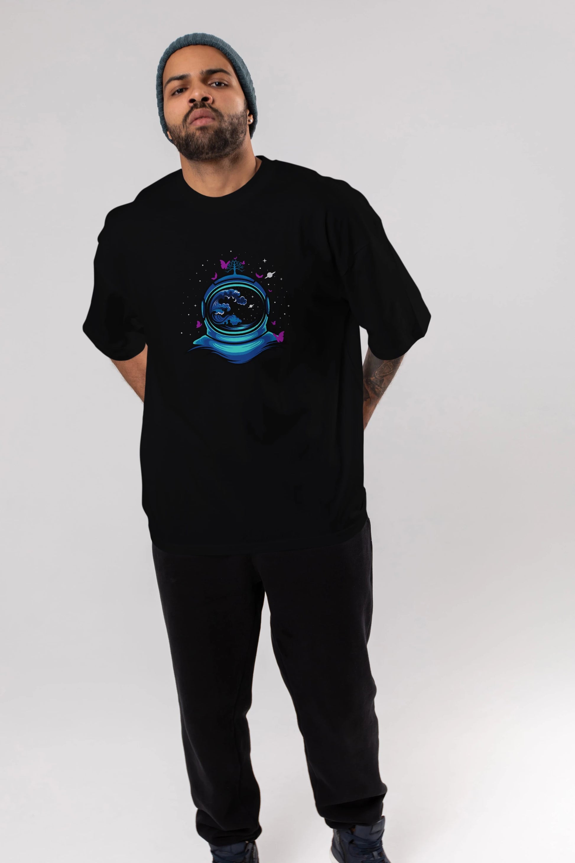 Astronaut and Butterfly Ön Baskılı Oversize t-shirt Erkek Kadın Unisex