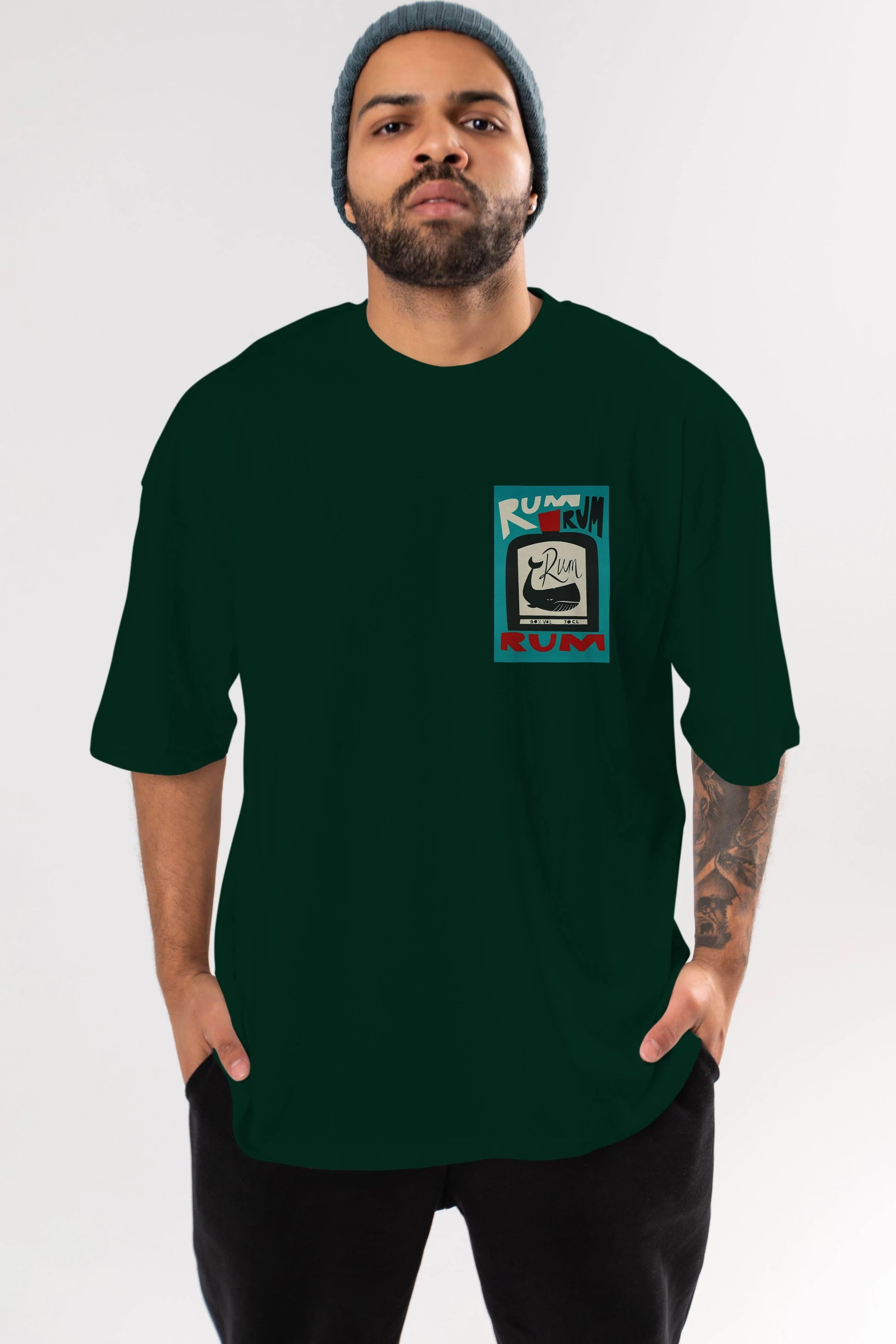 Rum Ön Sol Baskılı Oversize t-shirt Erkek Kadın Unisex %100 Pamuk Bisiklet Yaka tişort