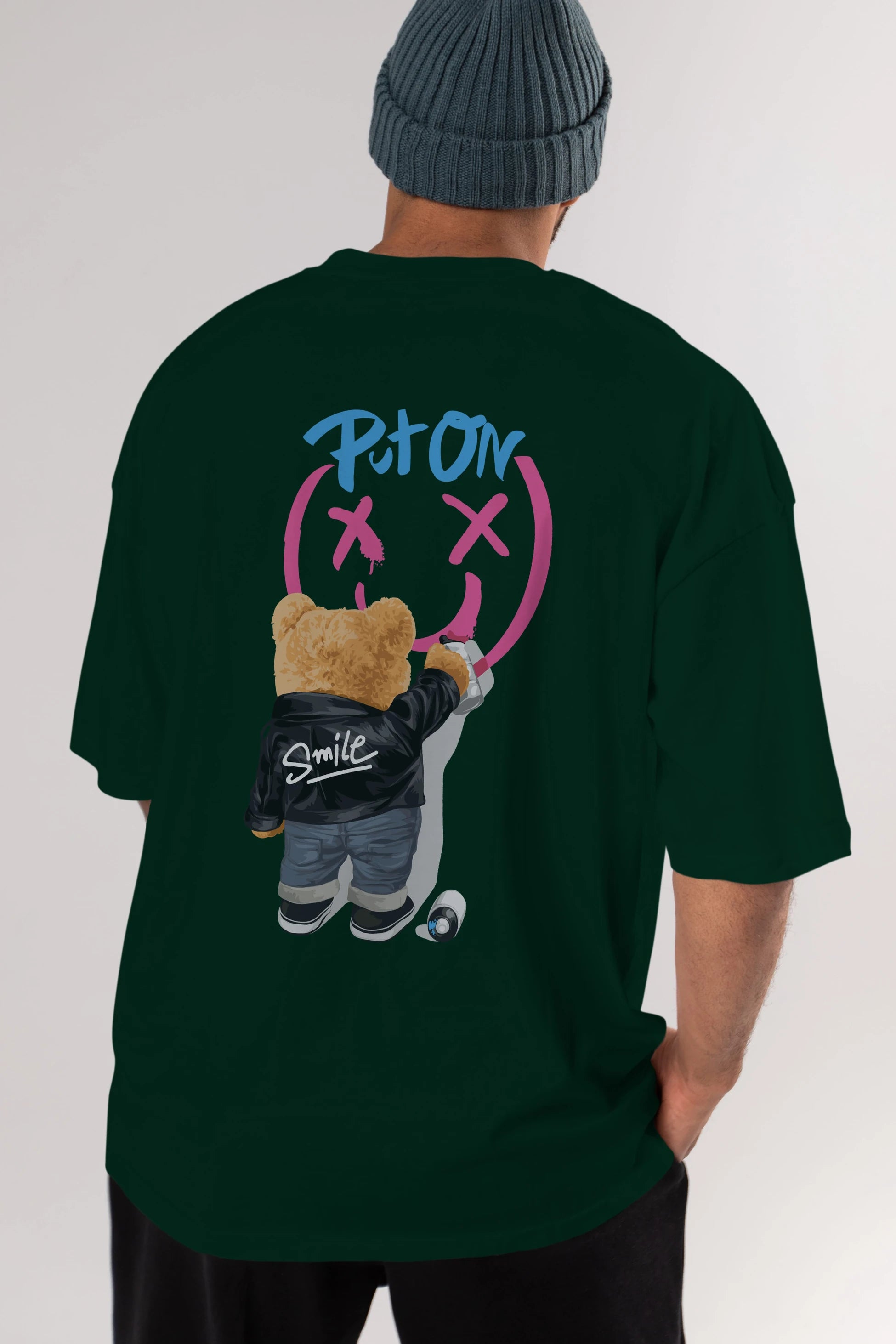Put on Smile Bear Arka Baskılı Oversize t-shirt Erkek Kadın Unisex