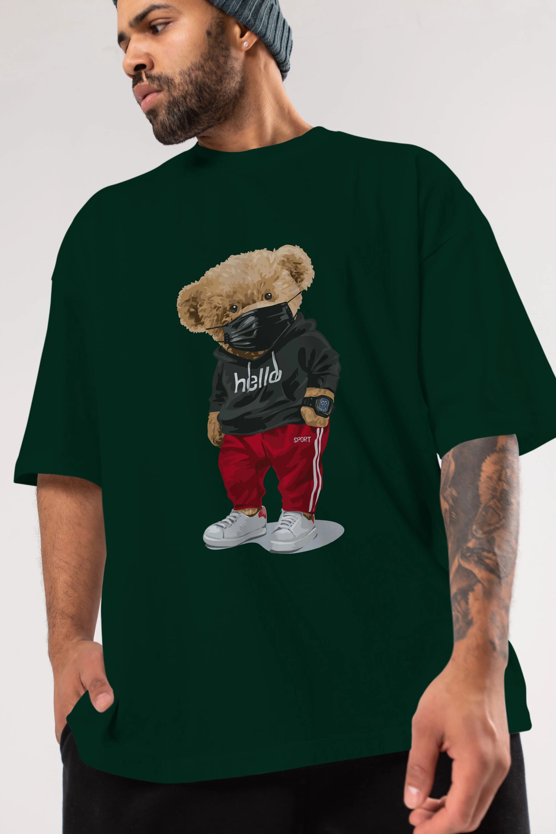 Teddy Bear Hello Sport Ön Baskılı Oversize t-shirt Erkek Kadın Unisex %100 Pamuk