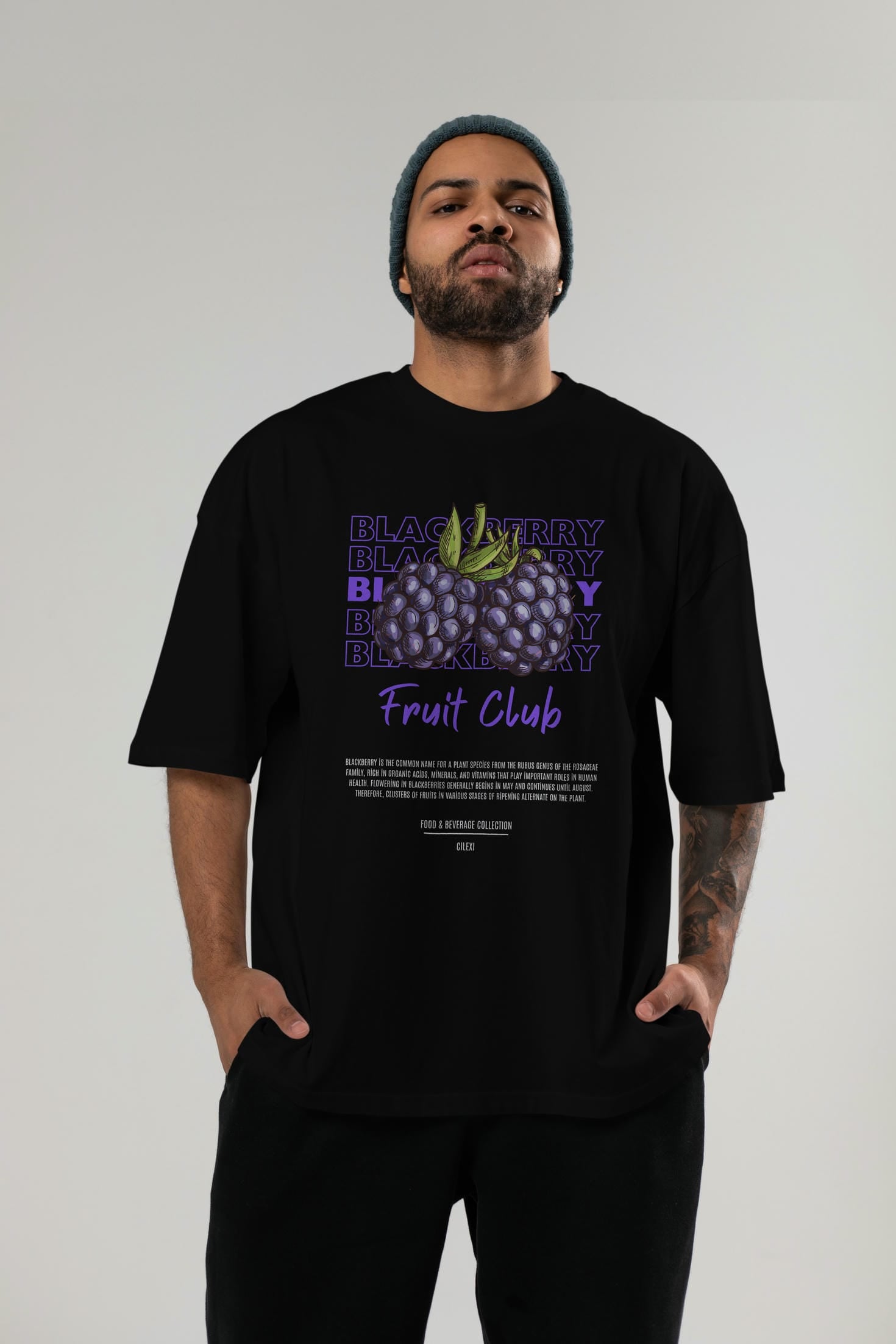 Blackberry Ön Baskılı Oversize t-shirt Erkek Kadın Pamuk Bisiklet Yaka tişort