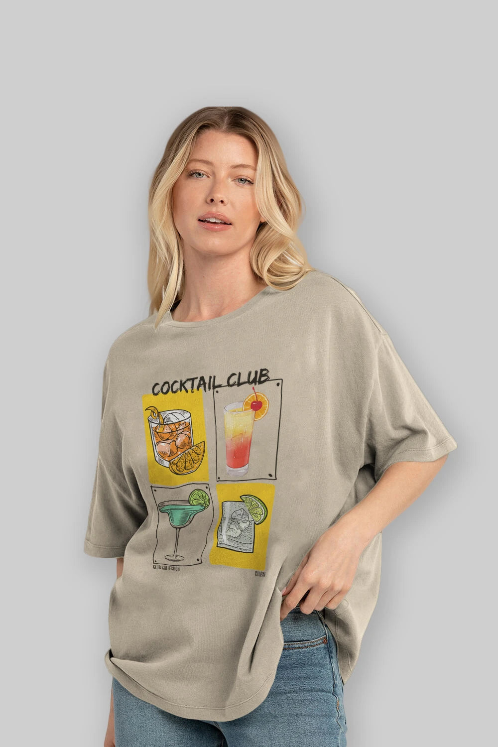 Cocktail Club ön Baskılı Oversize t-shirt Erkek Kadın %100 Pamuk Bisiklet Yaka tişort