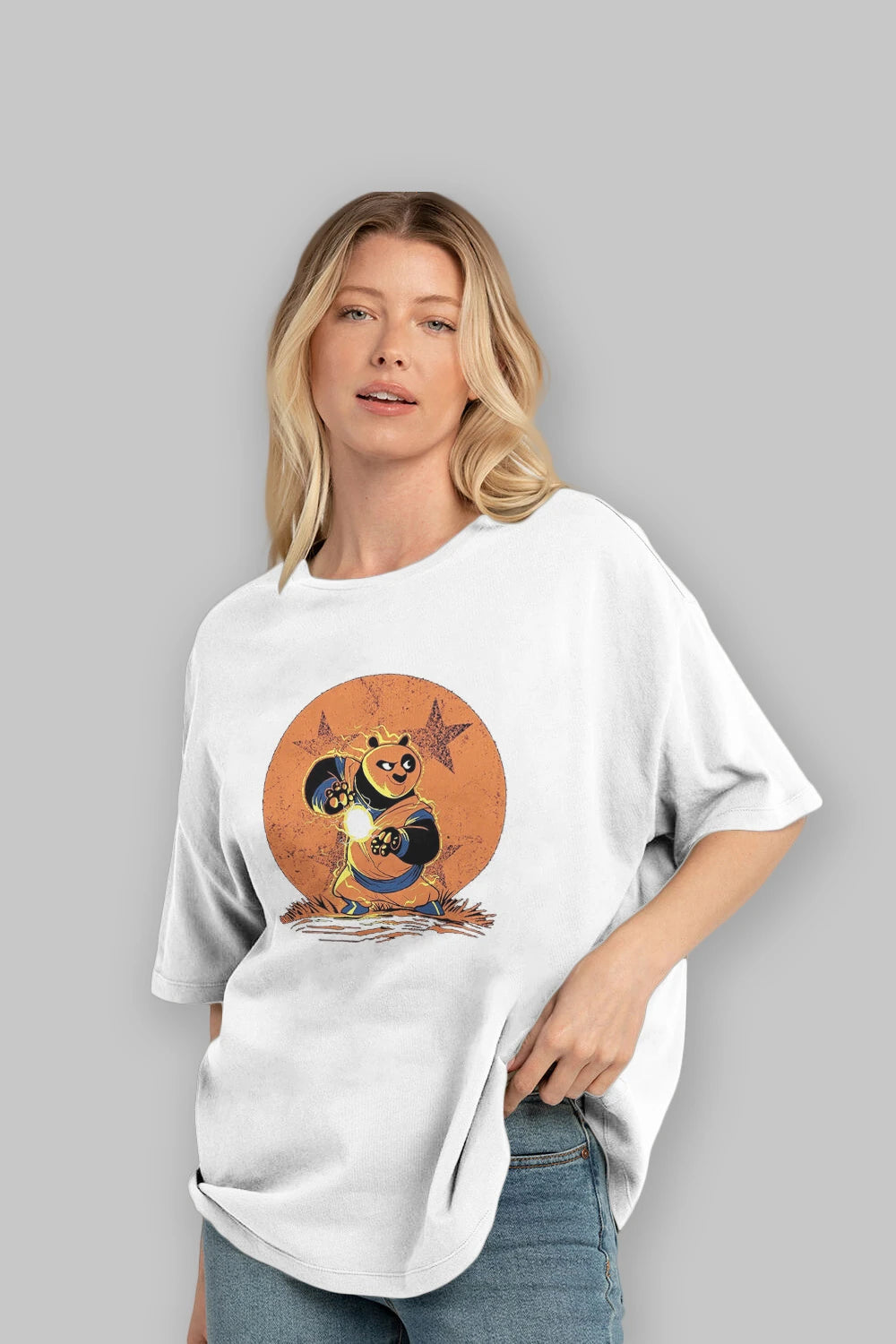 Kung Fu Panda Ön Baskılı Oversize t-shirt Erkek Kadın Unisex %100 Pamuk Bisiklet Yaka tişort