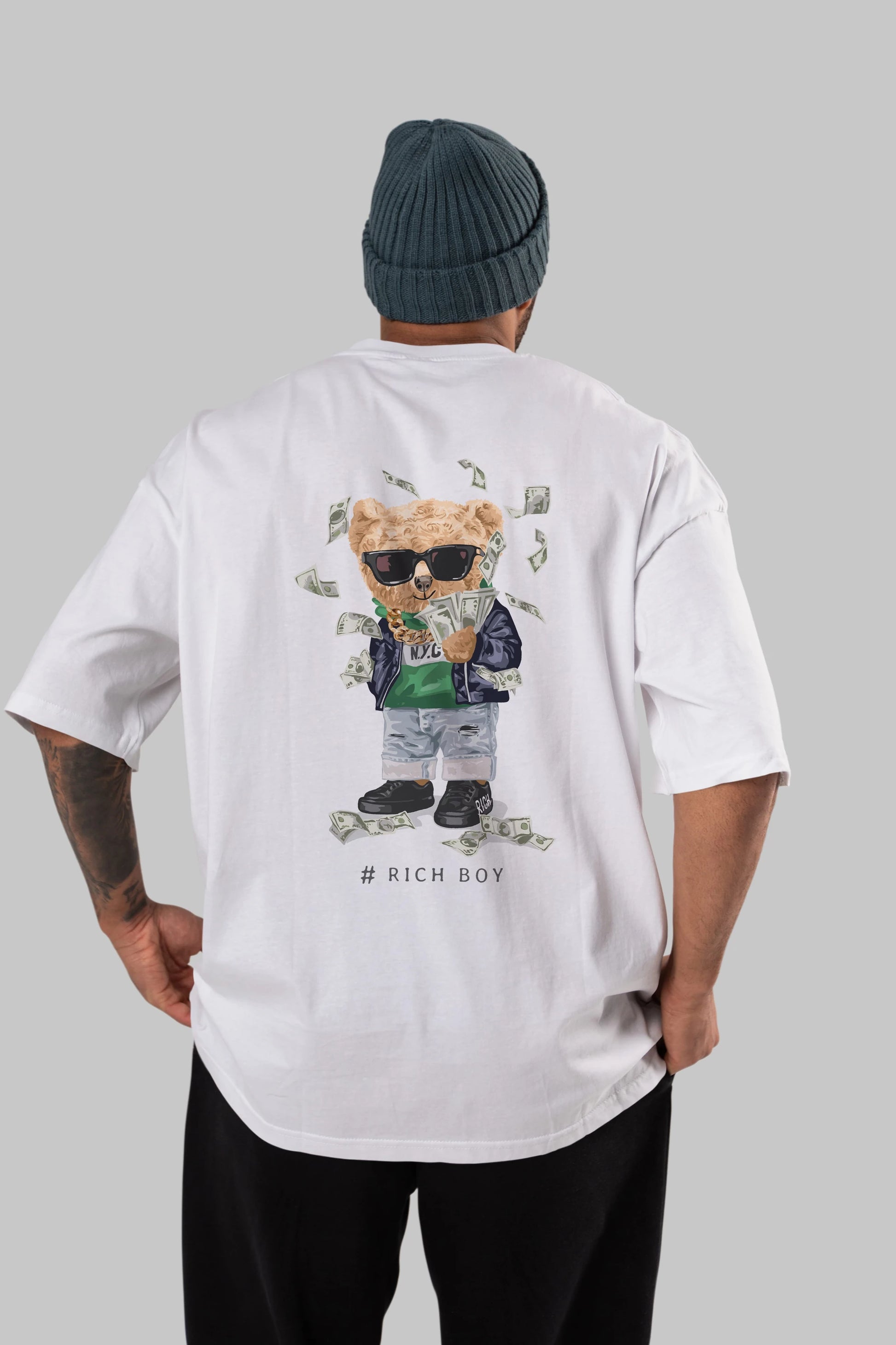 Teddy Bear Rich Boy Arka Baskılı Oversize t-shirt Erkek Kadın Unisex %100 Pamuk
