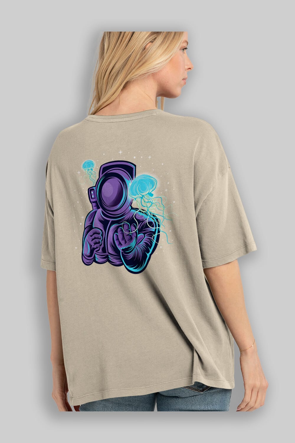 Astronaut and Jellyfish Arka Baskılı Oversize t-shirt Erkek Kadın Unisex