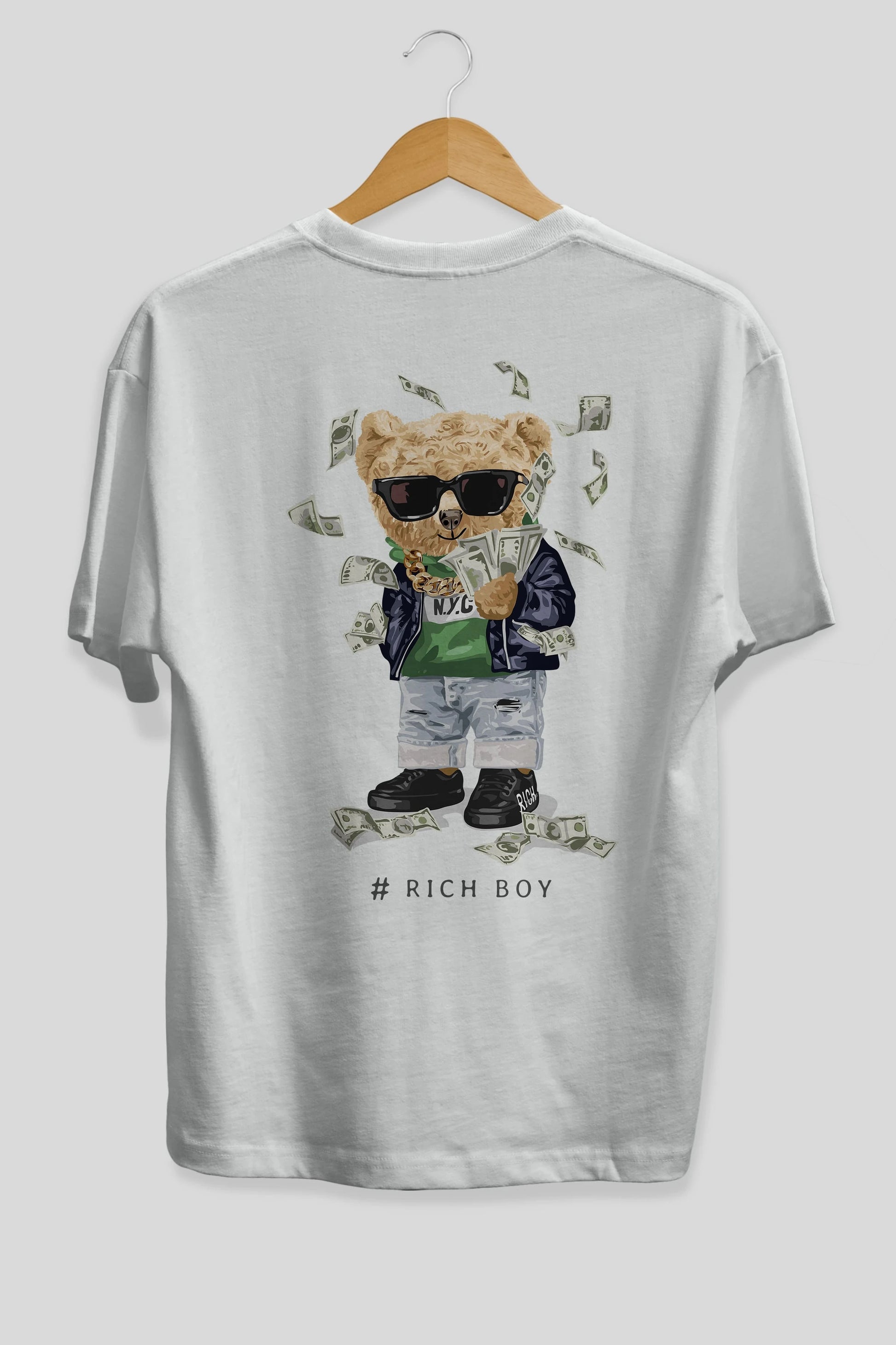Teddy Bear Rich Boy Arka Baskılı Oversize t-shirt Erkek Kadın Unisex %100 Pamuk