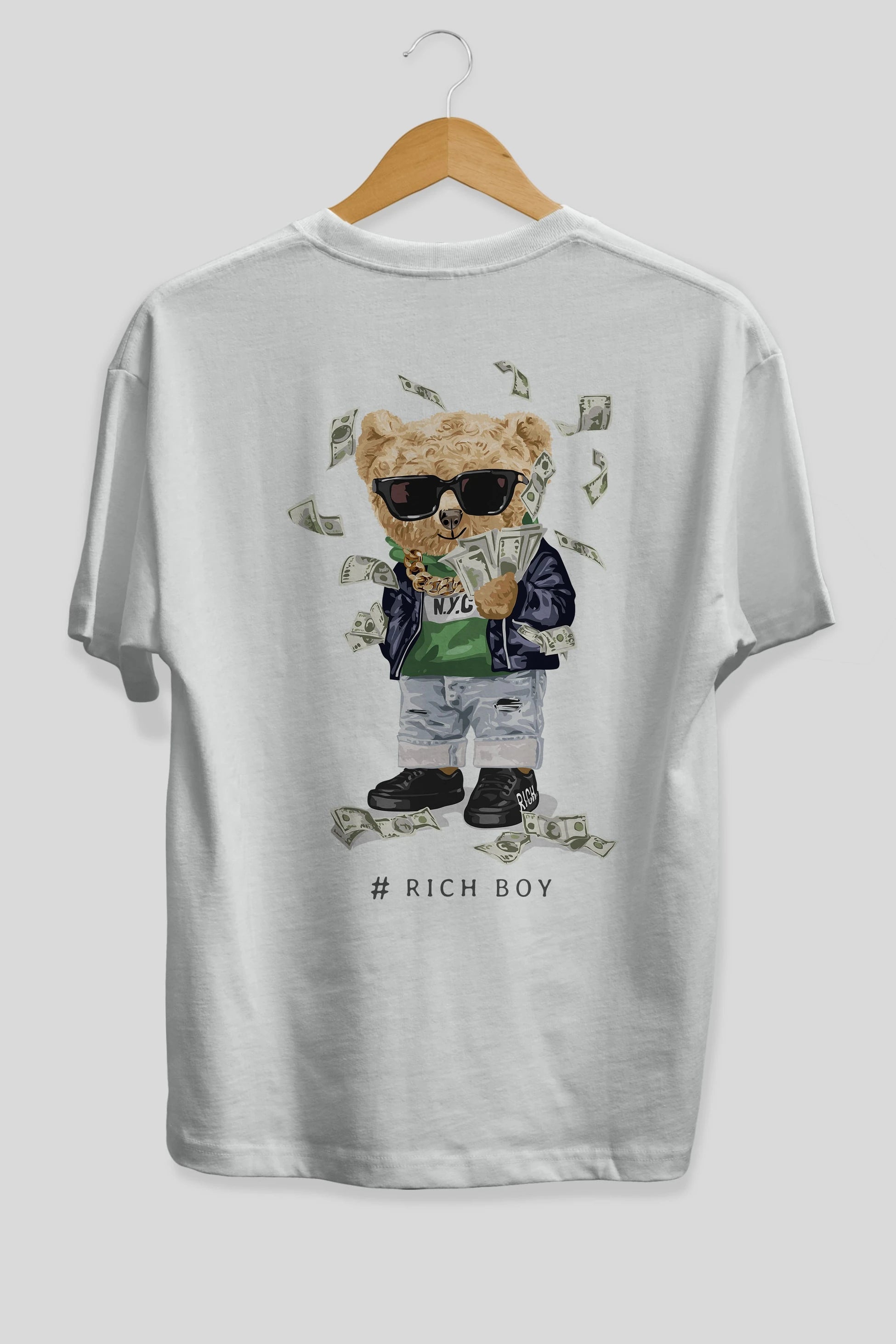 Teddy Bear Rich Boy Arka Baskılı Oversize t-shirt Erkek Kadın Unisex %100 Pamuk