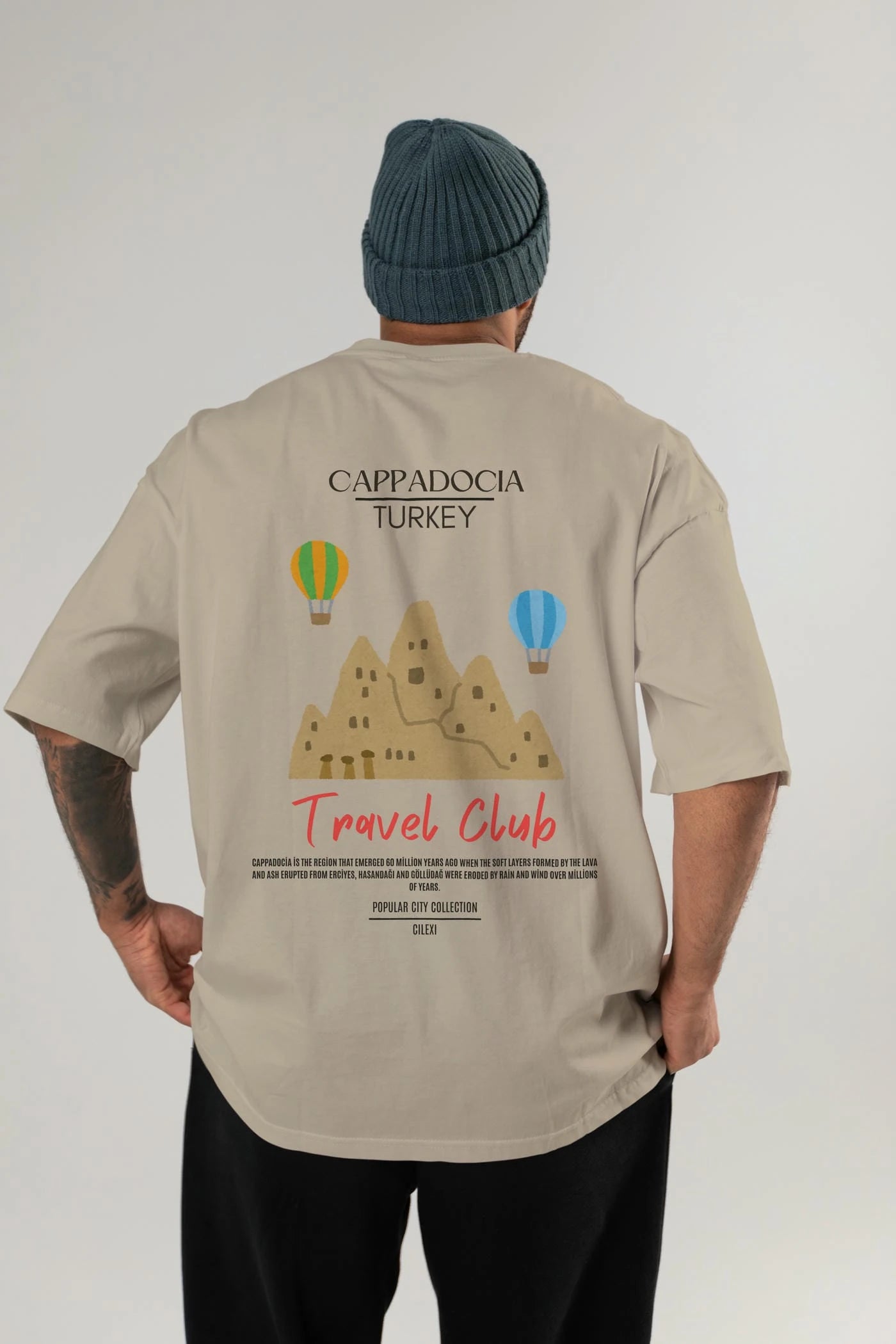 Cappadocia Turkey Arka Baskılı Oversize t-shirt Erkek Kadın Pamuk Bisiklet Yaka tişort