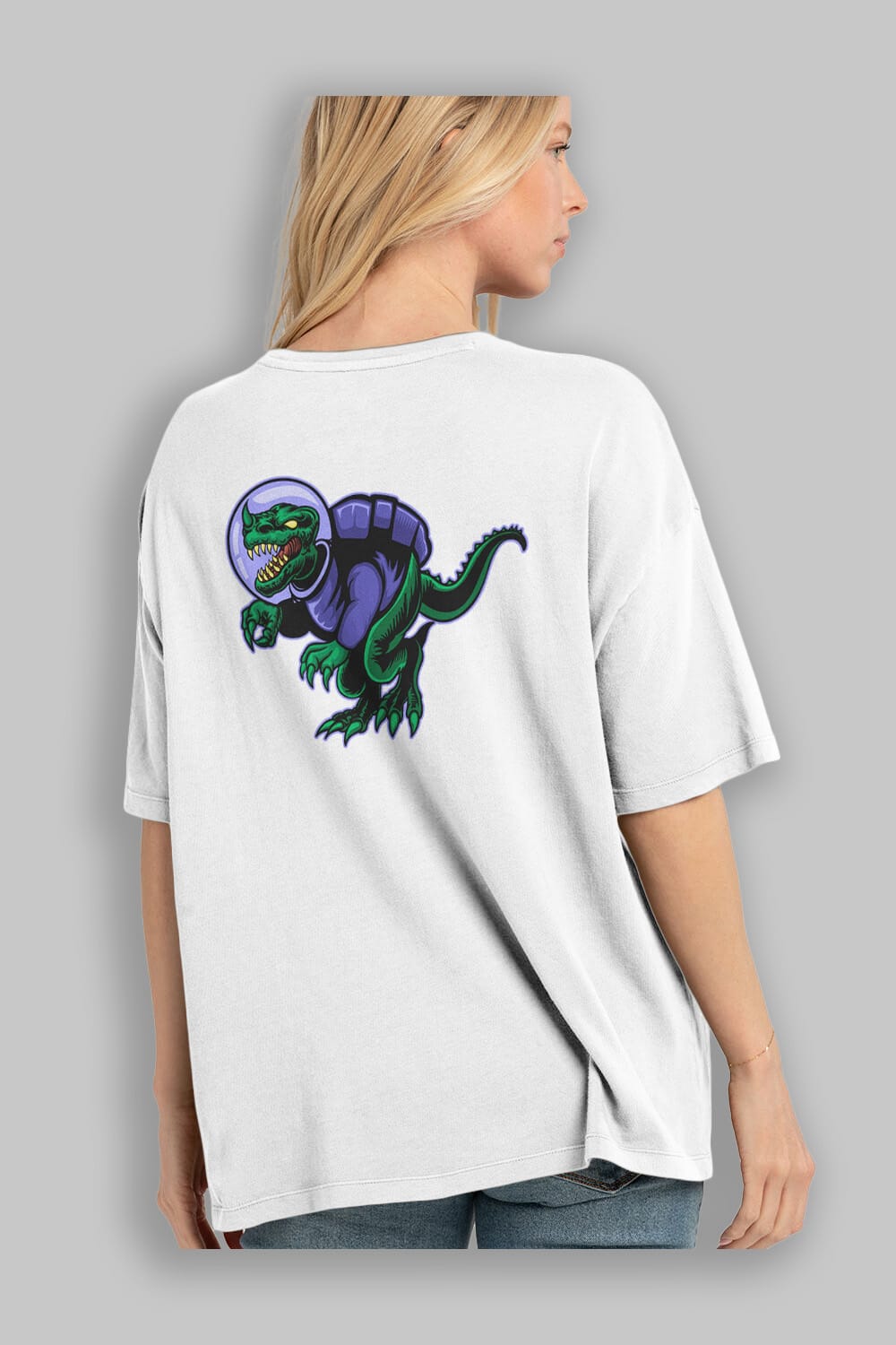 Space Dino Sticker Arka Baskılı Oversize t-shirt Erkek Kadın Unisex