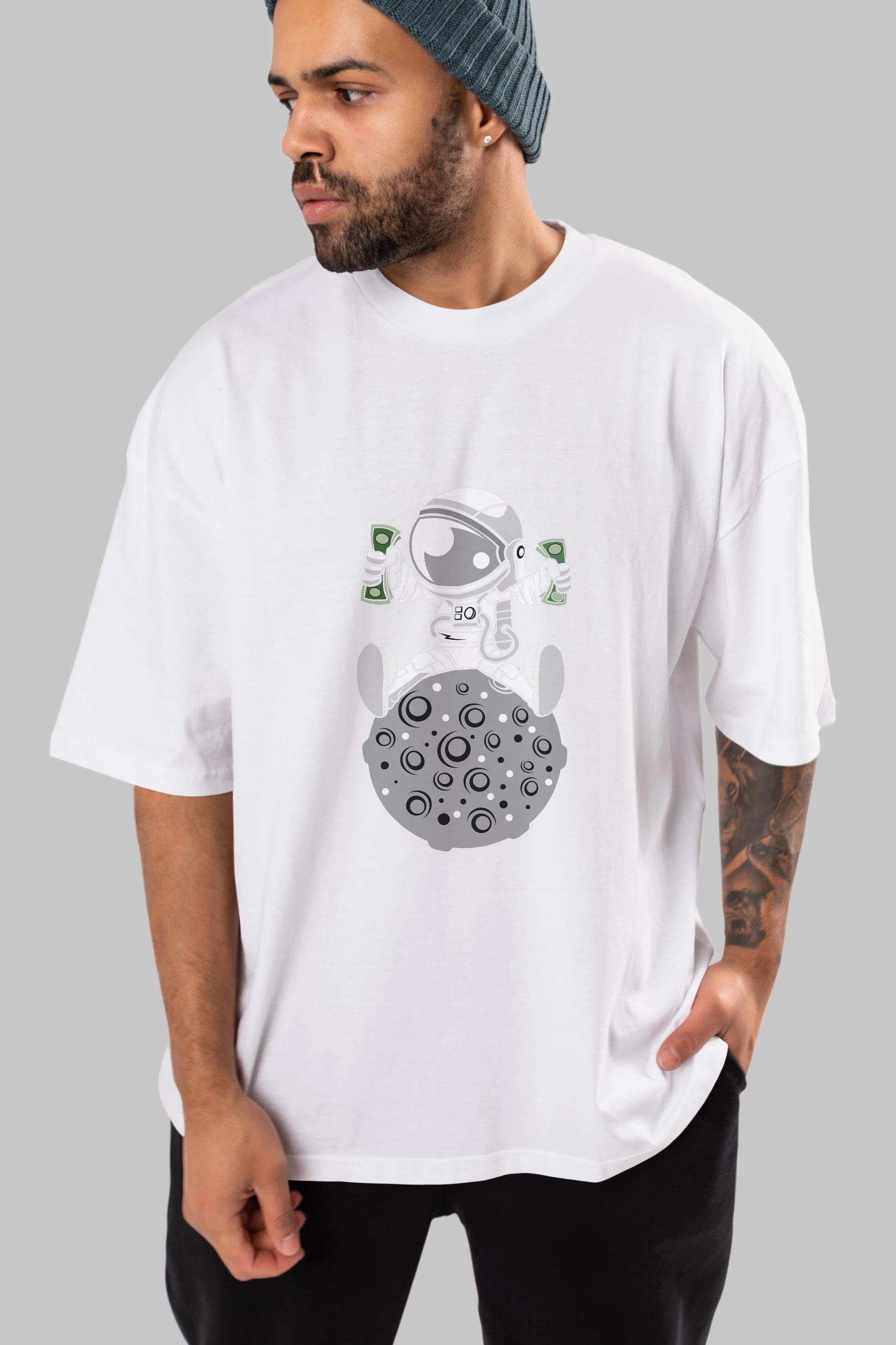 Astronaut Dollar Ön Baskılı Oversize t-shirt Erkek Kadın Unisex %100 Pamuk tişort