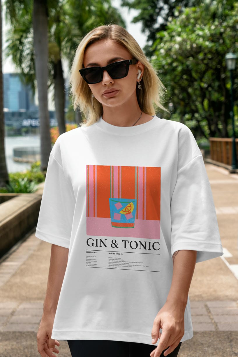 Gin tonic Kokteyl Ön Baskılı Oversize t-shirt Erkek Kadın %100 Pamuk Bisiklet Yaka tişort