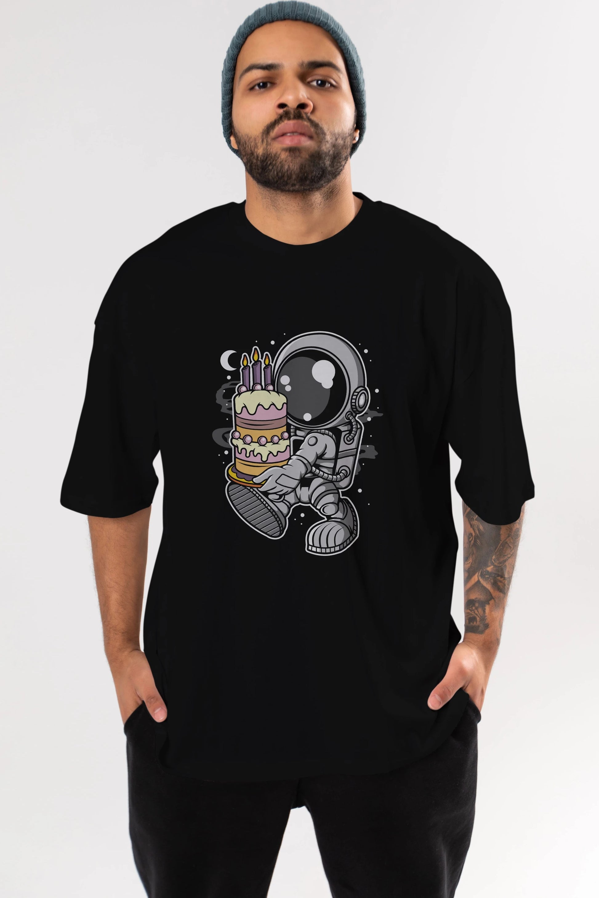 Astronaut Birthday Cake Ön Baskılı Oversize t-shirt Erkek Kadın Unisex