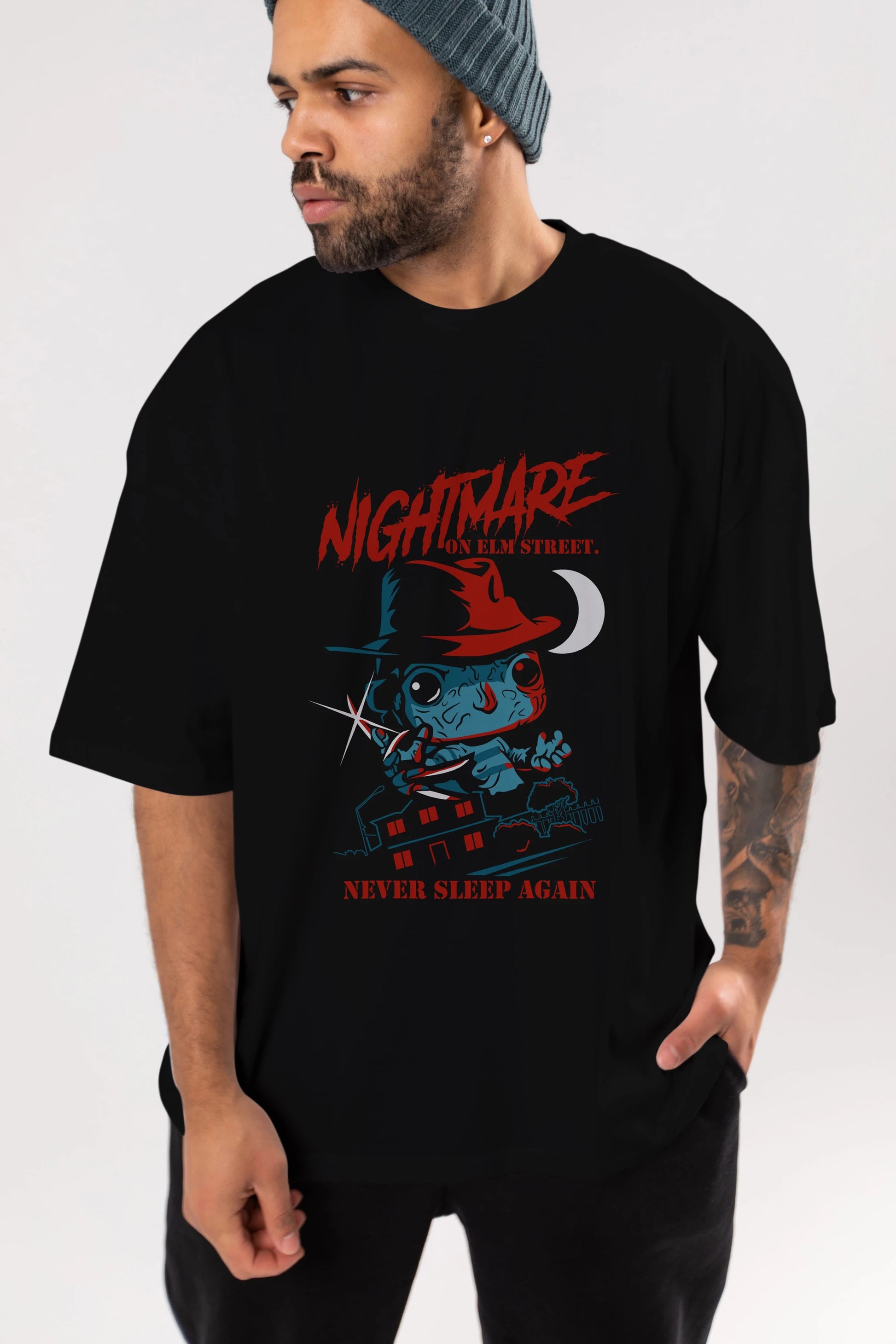 Nightmare Elm Sokağı Ön Baskılı Oversize t-shirt Erkek Kadın Unisex %100 Pamuk Bisiklet Yaka tişort