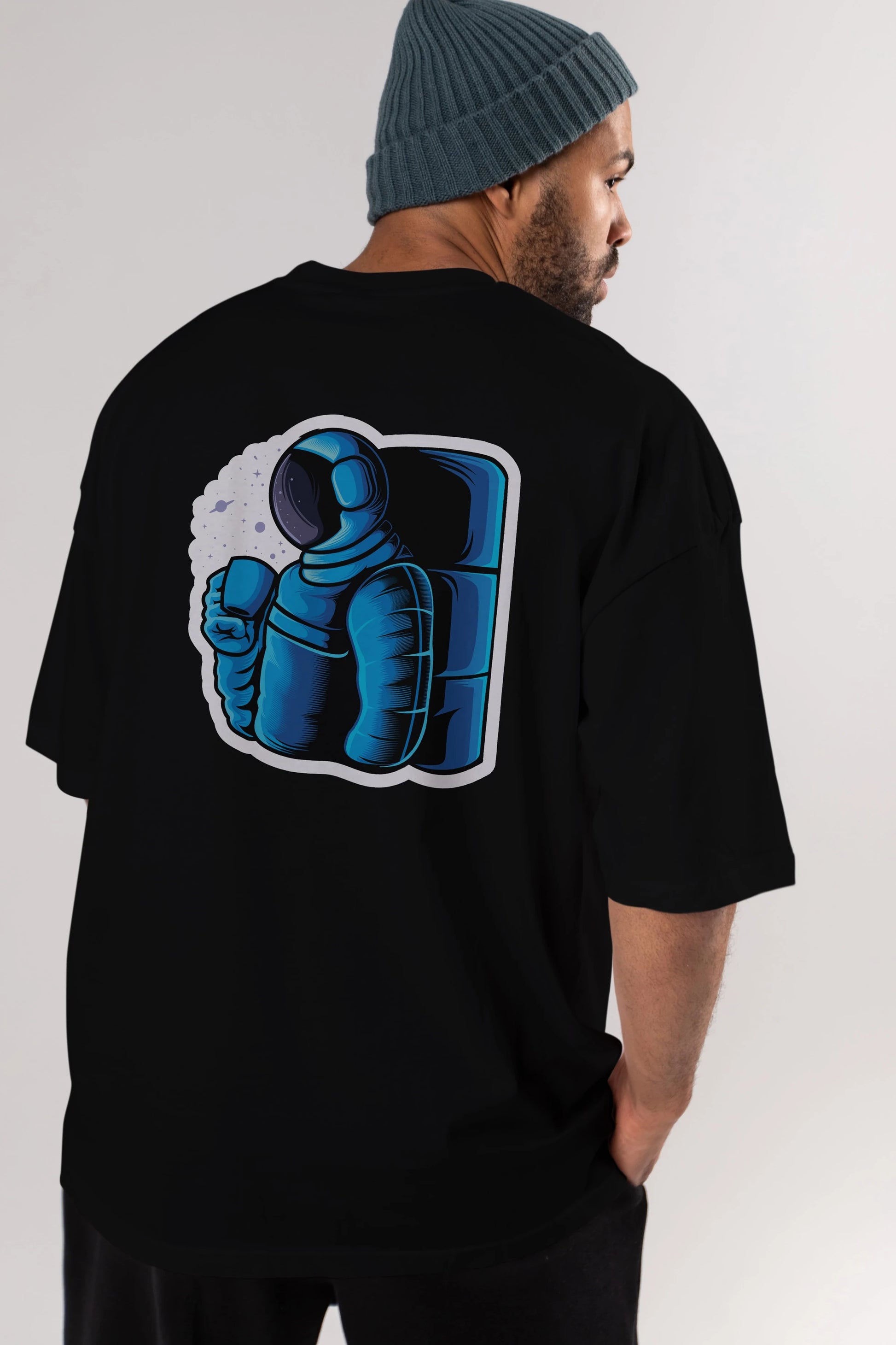 Drinking coffee in space sticker Arka Baskılı Oversize t-shirt Erkek Kadın Unisex