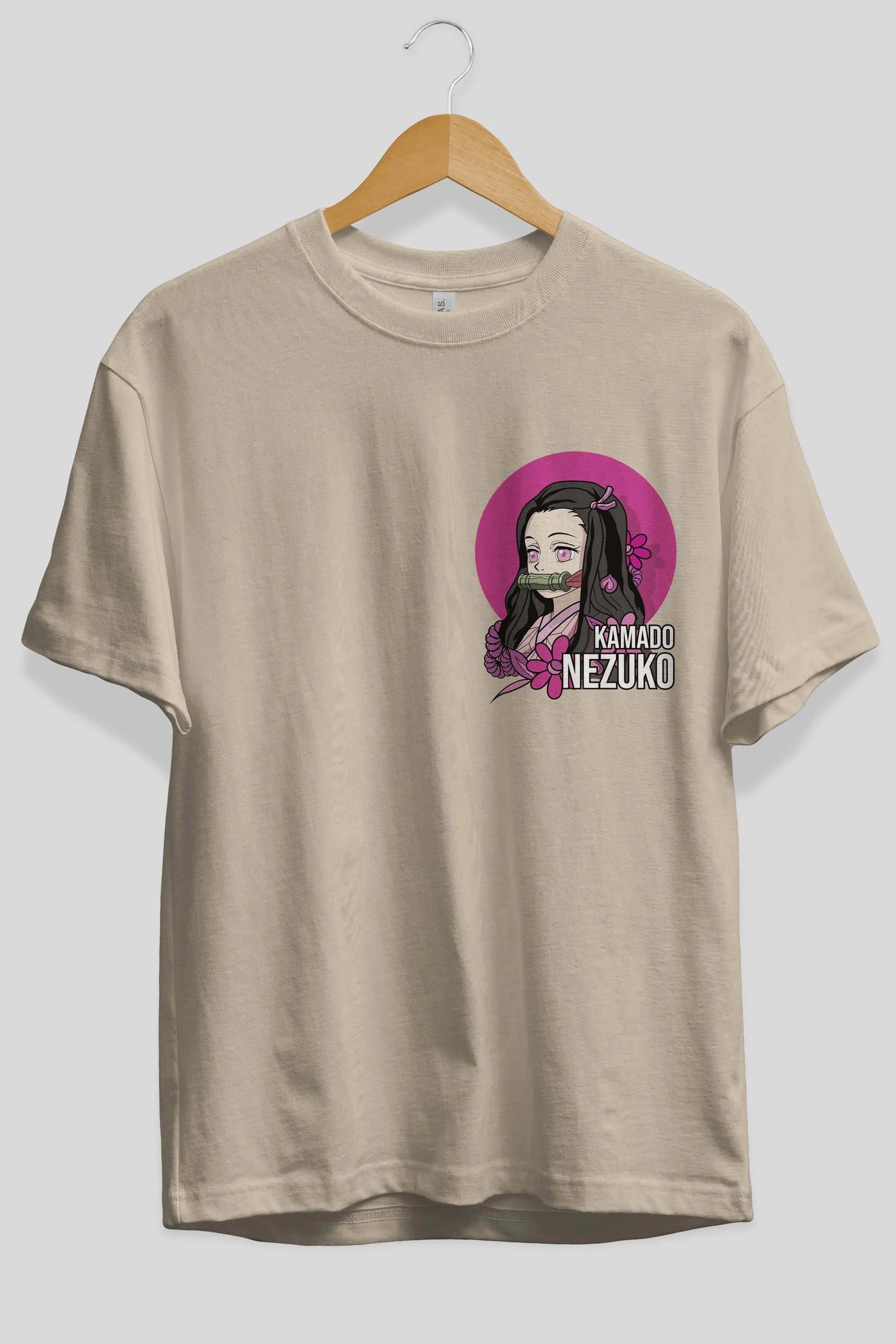 Nezuko Kamado 2 Ön Sol Baskılı Oversize t-shirt Erkek Kadın Unisex %100 Pamuk Bisiklet Yaka tişort