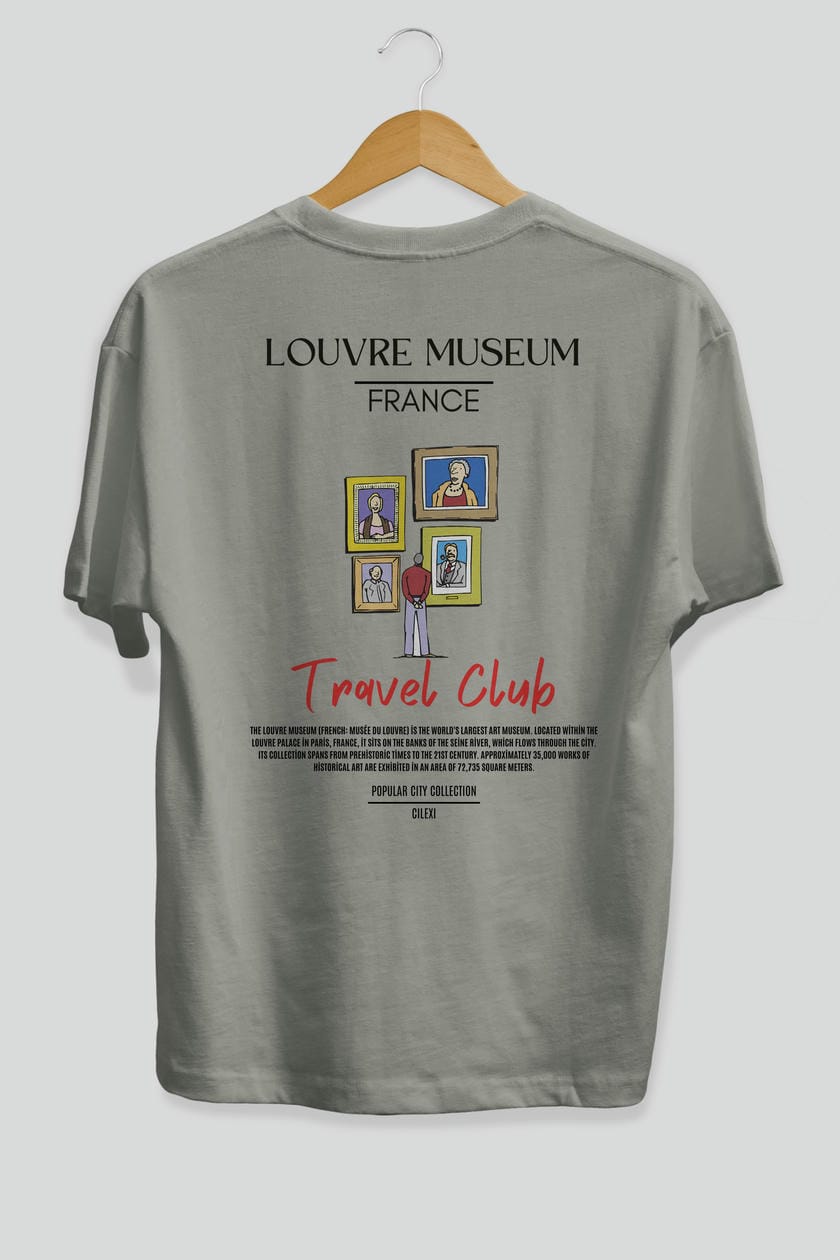 Louvre Museum France Arka Baskılı Oversize t-shirt Erkek Kadın Pamuk Bisiklet Yaka tişort