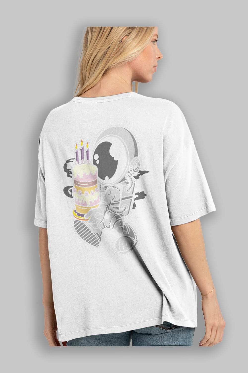 Astronaut Birthday Cake Arka Baskılı Oversize t-shirt Erkek Kadın Unisex